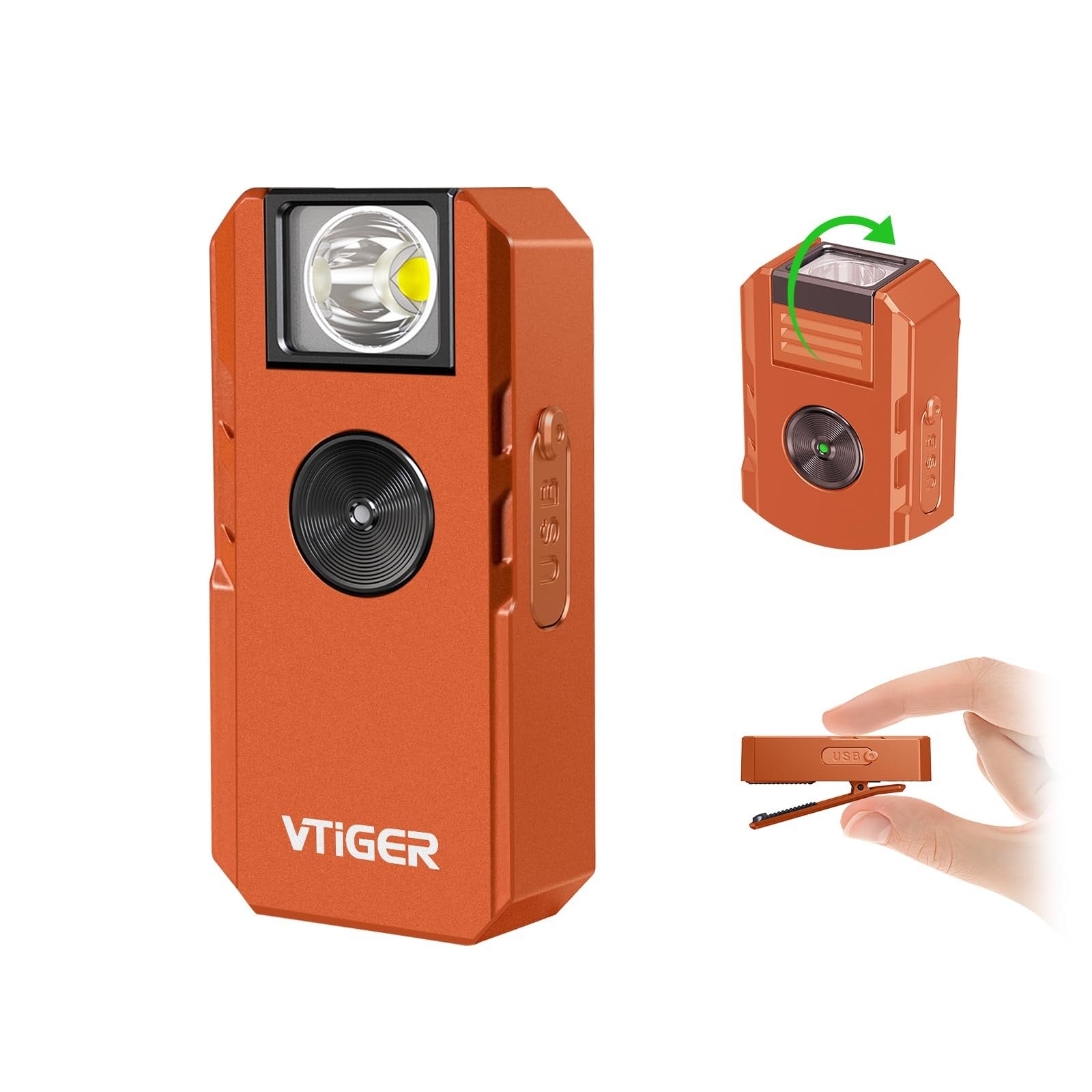 VTIGER C1 Rechargeable EDC flashlight with clip, 1300 lumens, compact portable design, black body, LED light for everyday carry.