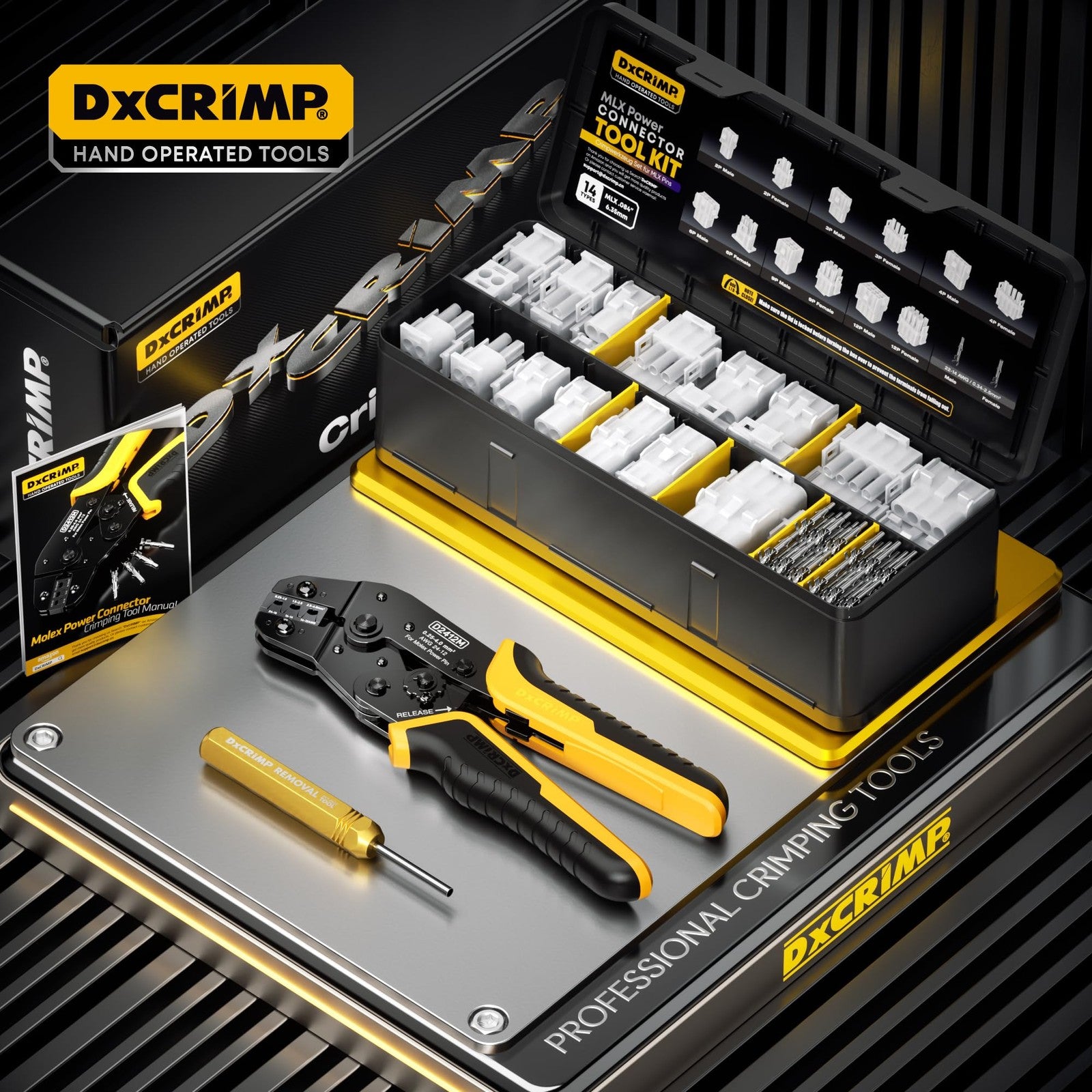 DXCRIMP MLX .084" connector crimping tool kit with pin extractor, featuring multiple crimping sizes and ergonomic handle design.