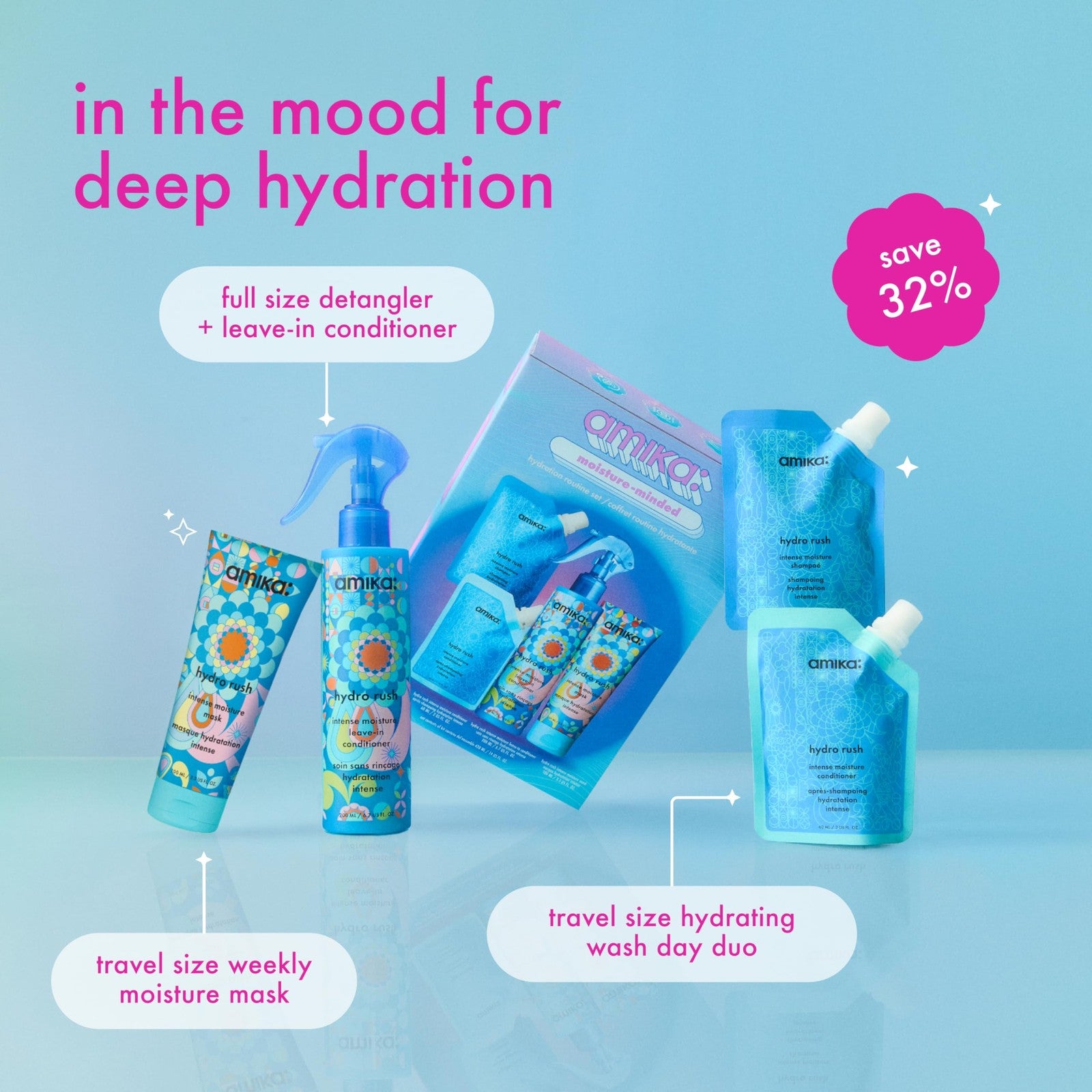 Amika Moisture-Minded Hydration Routine Set for dry hair, includes shampoo and conditioner bottles, TSA travel size.