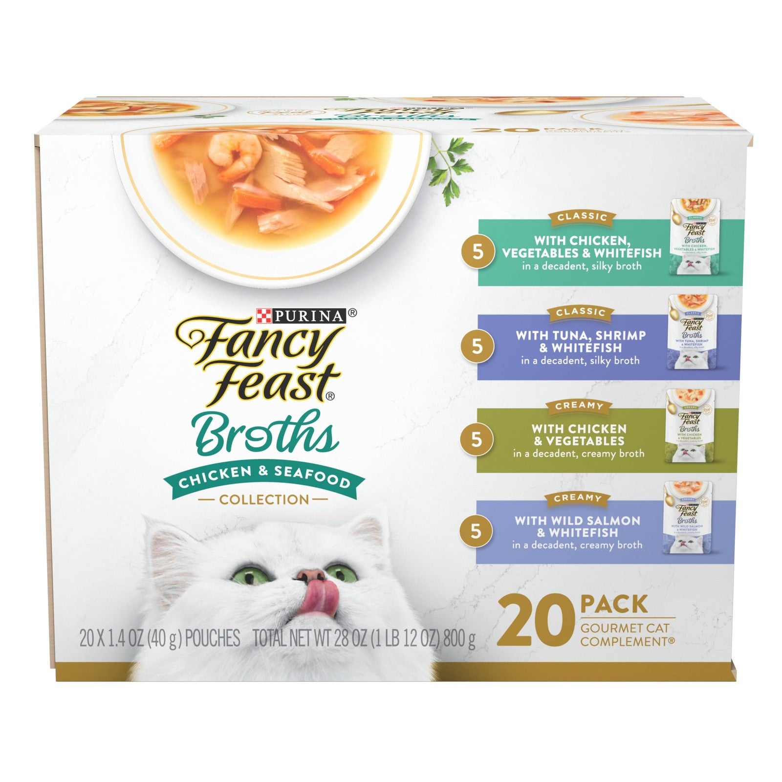 Fancy Feast Purina Broth Complement with chicken and seafood, grain-free, lickable wet cat food in a clear container.