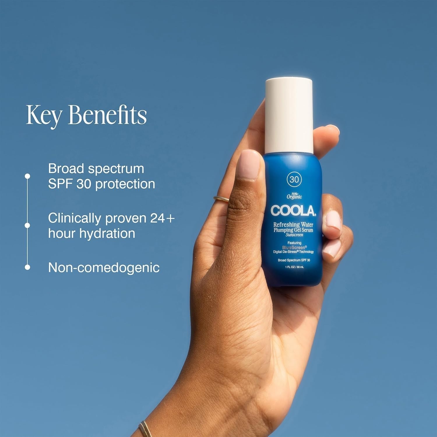 COOLA Refreshing Water Plumping Gel with SPF 30, dermatologist-tested face sun protection, featuring a clear gel texture.