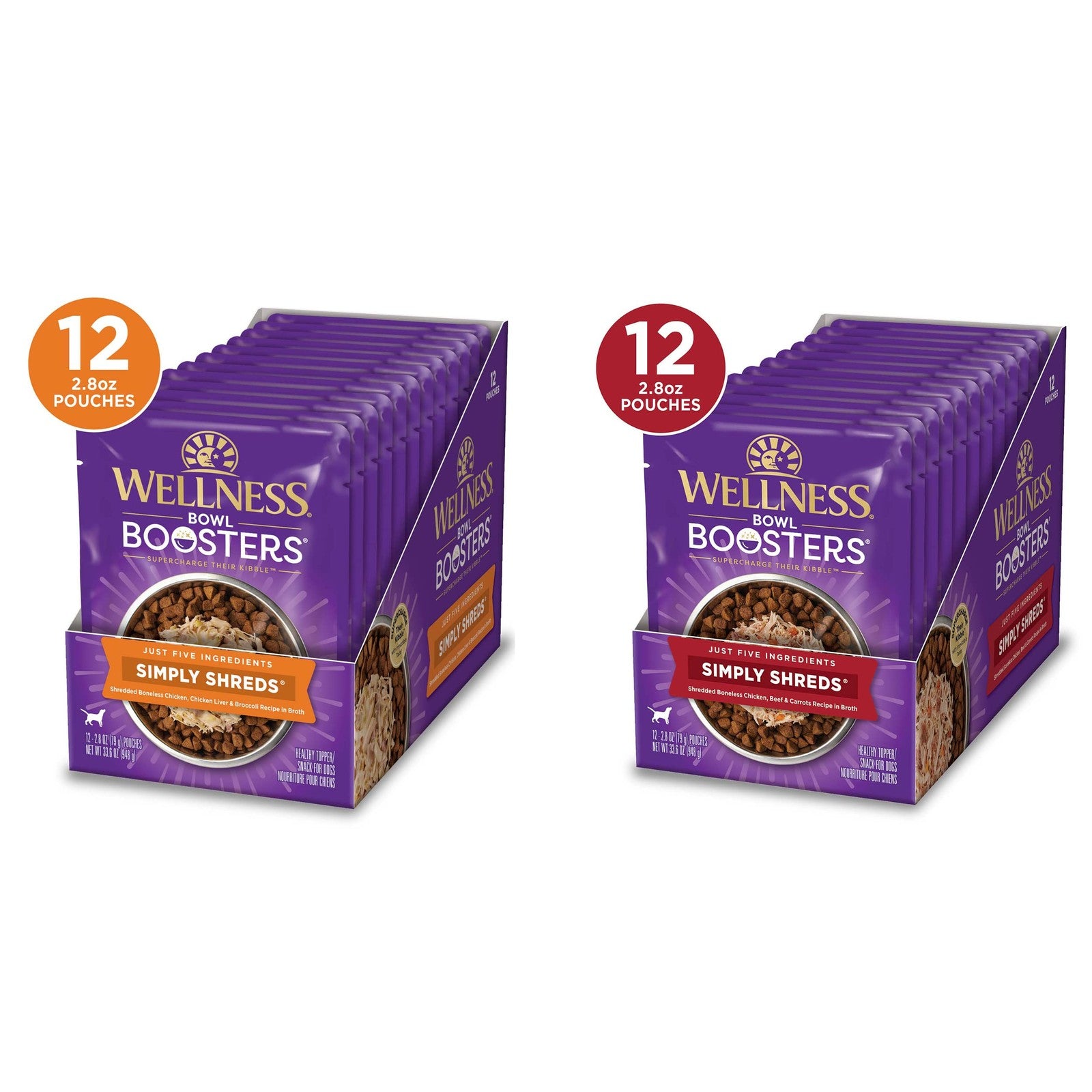 Wellness CORE Simply Shreds natural grain-free wet dog food mixer with chicken and beef in a bowl, suitable for dogs.