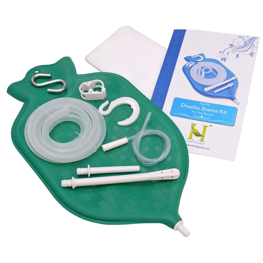 HealthGoodsIn enema bag kit with platinum cured silicone hose, 2-quart open top colon cleansing kit shown in the image.