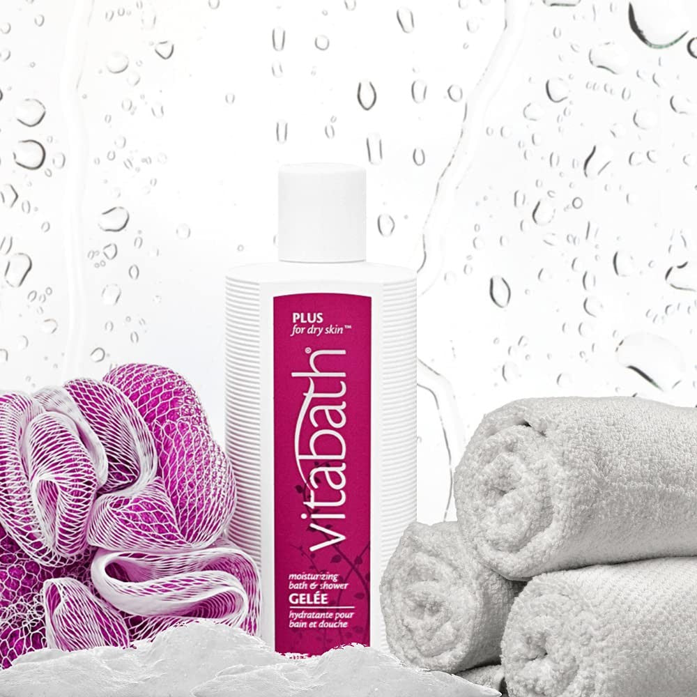Vitabath Plus dry skin moisturizing bath and shower gel bottle with label and pump dispenser for nourishing skin care.