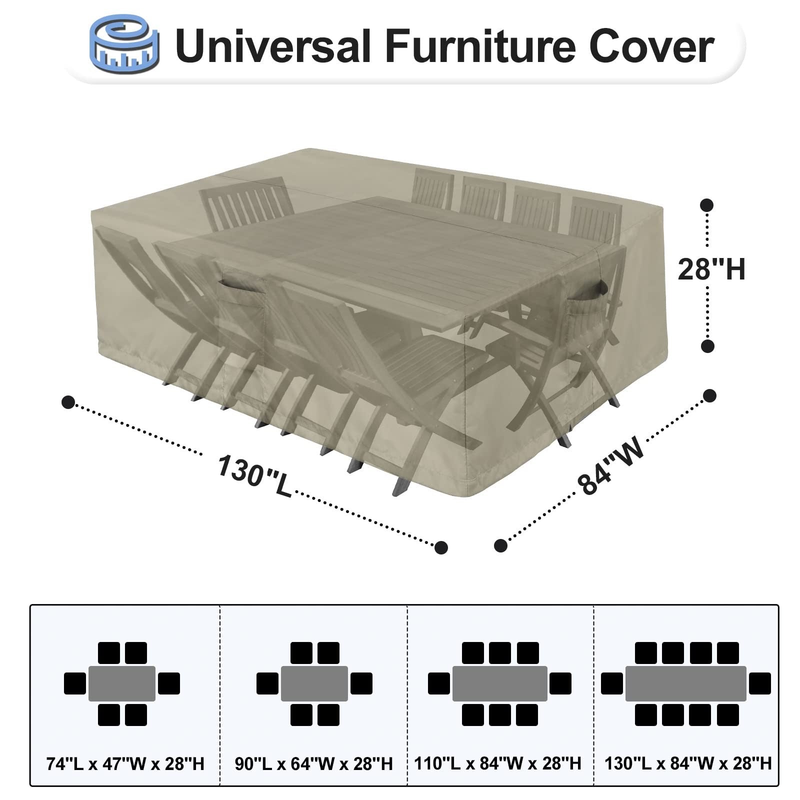 OutdoorLines waterproof patio table furniture cover for rectangular outdoor furniture, protects against rain and outdoor elements.
