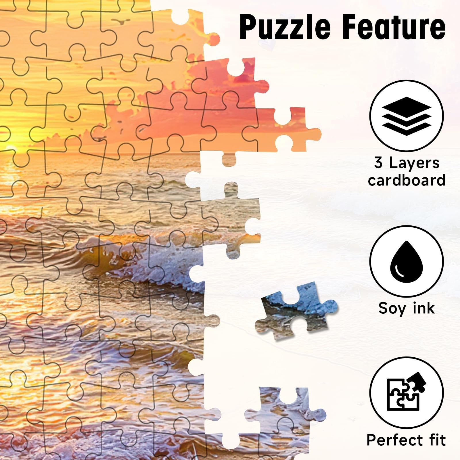 Kidsu 1000-piece romantic heart beach sunset jigsaw puzzle for adults showing a colorful seaside scene with a sunset sky.