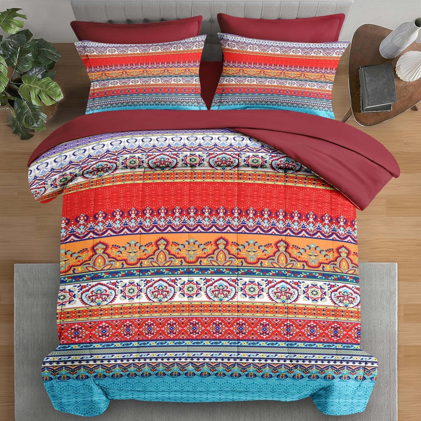 Queen size Pamnest Comforter Set featuring vintage paisley and leaf floral design with seven pieces for cozy bedding decor.