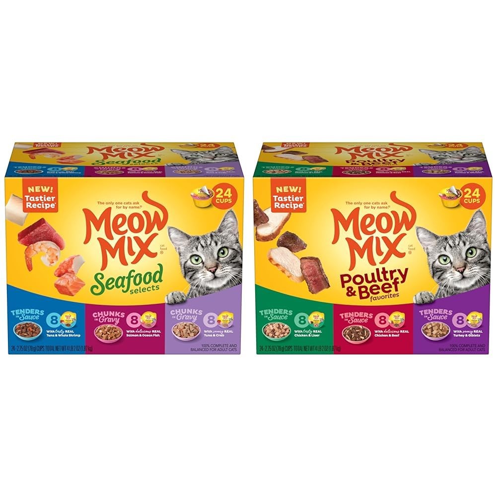 Meow Mix Seafood Tenders wet cat food bundle with 48 packs of 2.75oz for cats, featuring shrimp and fish ingredients.