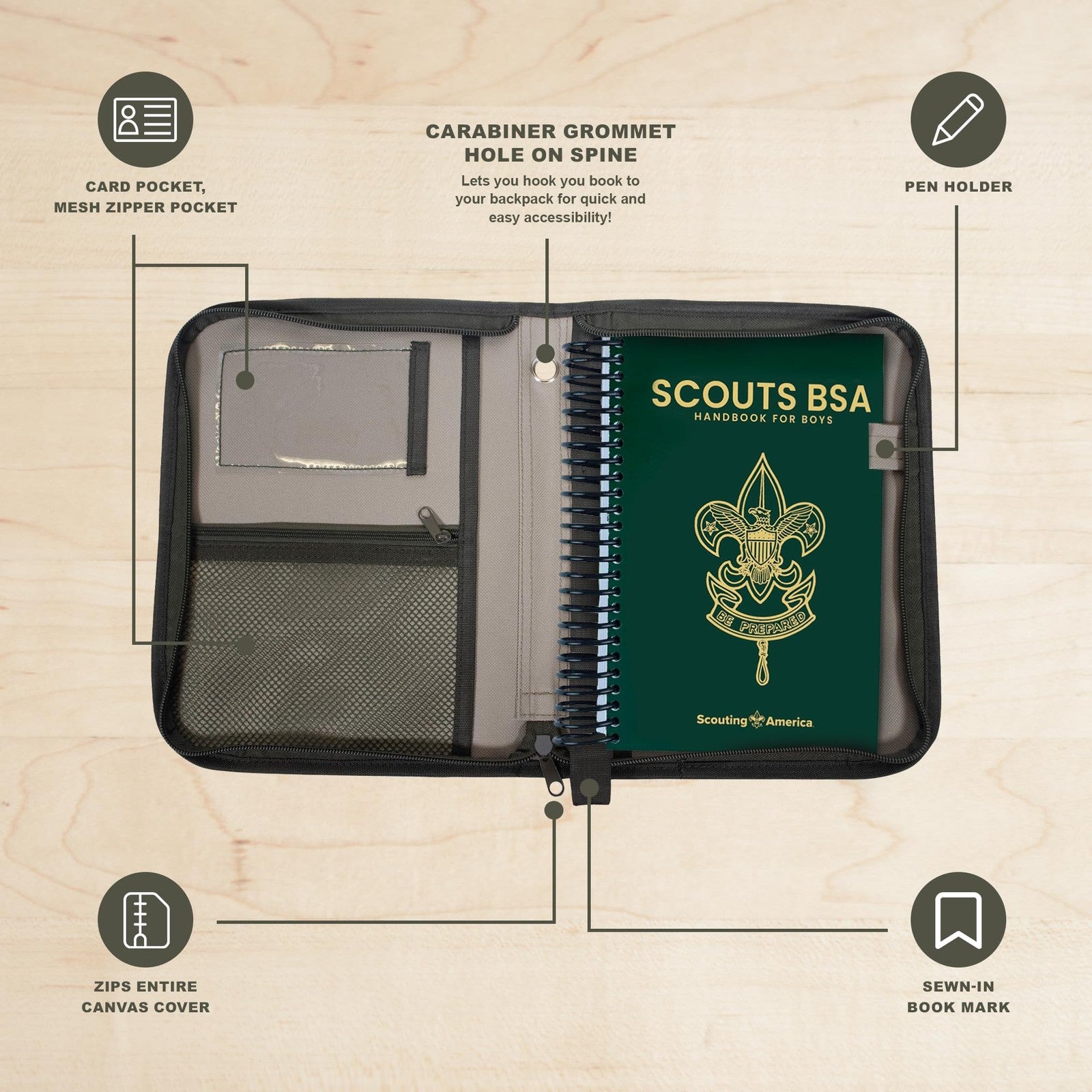 Large tan Boy Scouts of America Scouts BSA Handbook cover with official logo and emblem, designed for easy identification.