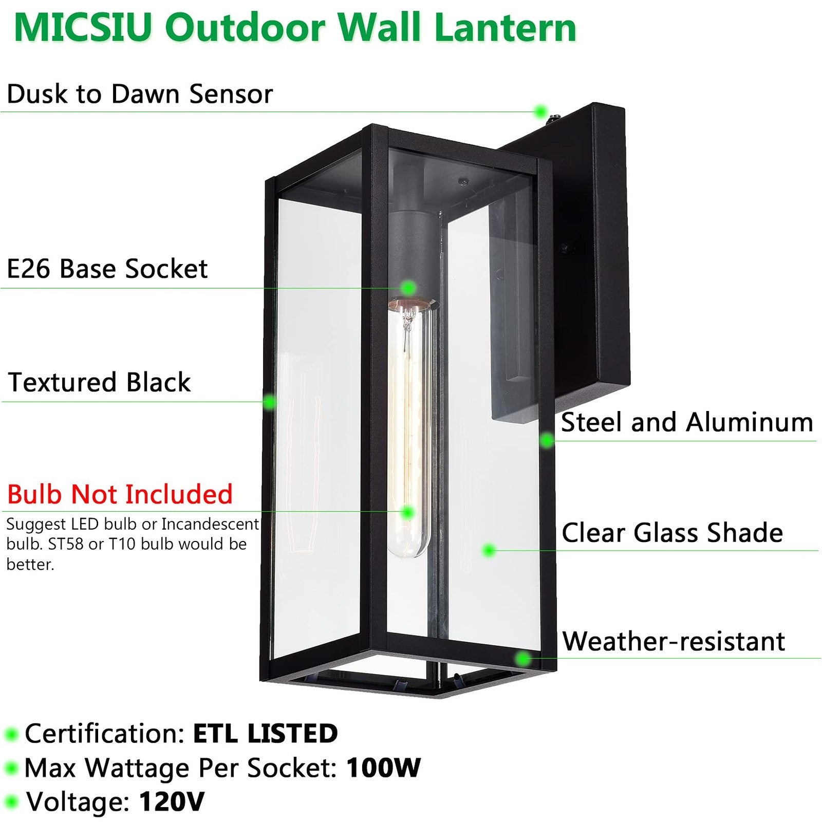 Dusk to Dawn outdoor wall lantern by Micsiu, 14.5-inch exterior wall mount light fixture with classic design and metal finish.