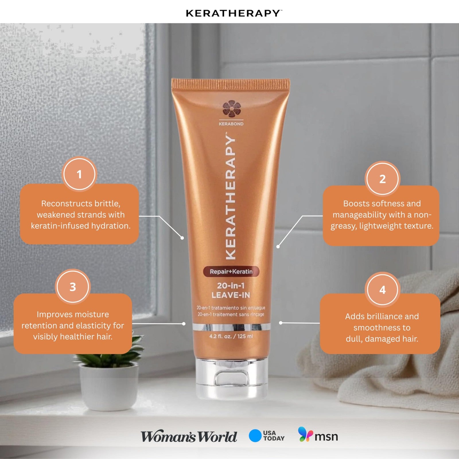 Keratherapy KeratinFIXX 20-in-1 leave-in treatment in a 4.2 oz bottle, featuring keratin infusion for damaged or frizzy hair.