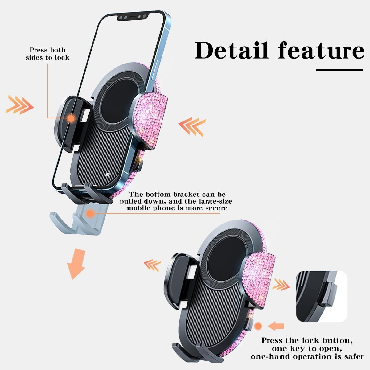 Erolagomat Bling cell phone holder for car with powerful suction, featuring rhinestone accents, designed for women and rally racing use.