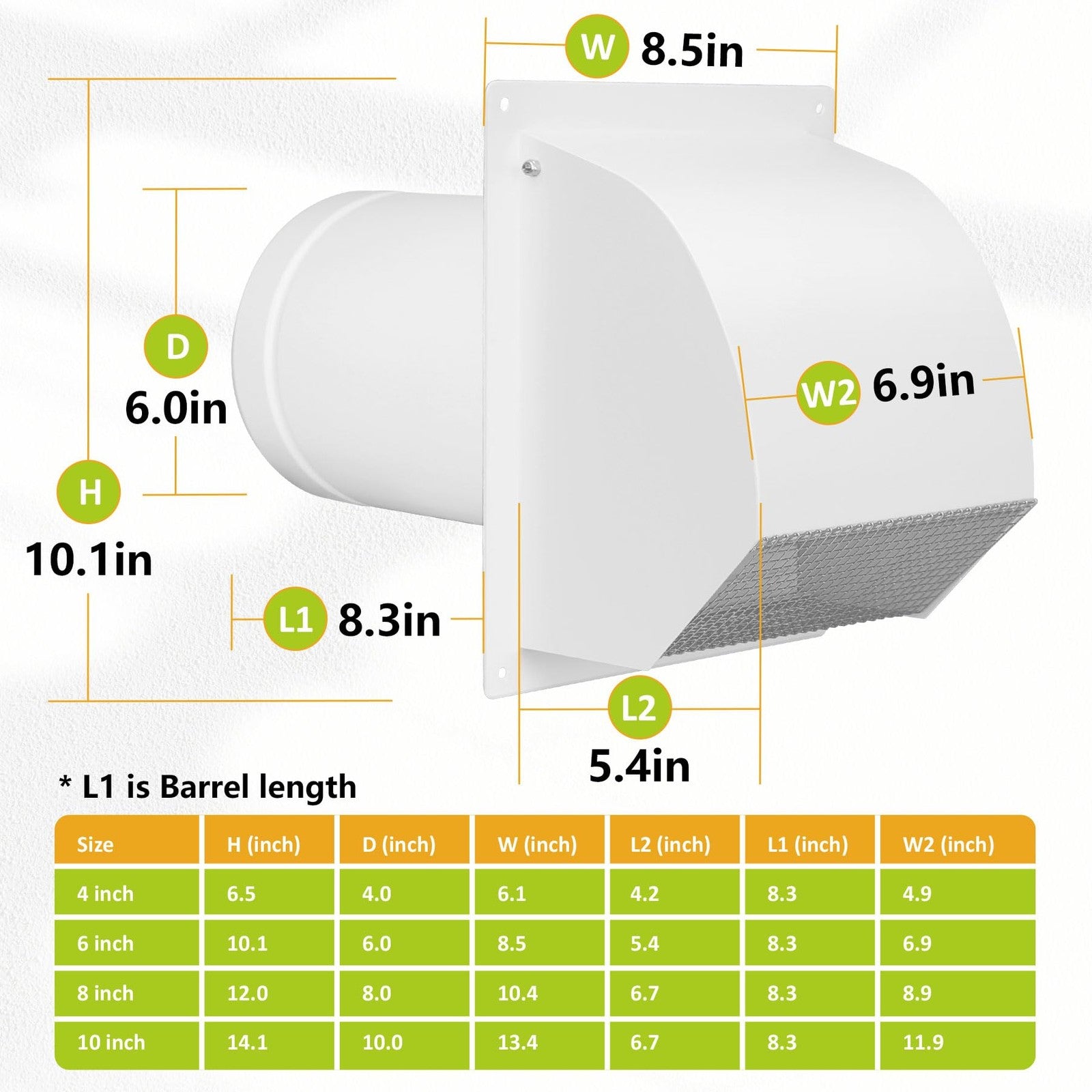 Sidasu 6-inch steel hooded wall vent with screen, arc-shaped design for outdoor ventilation and weather protection