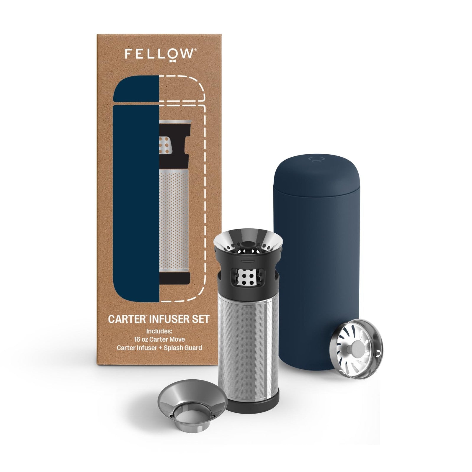 Fellow Carter tea and cold brew infuser with 16 oz Carter Move tumbler, showing the infuser inside the tumbler for steeping tea.