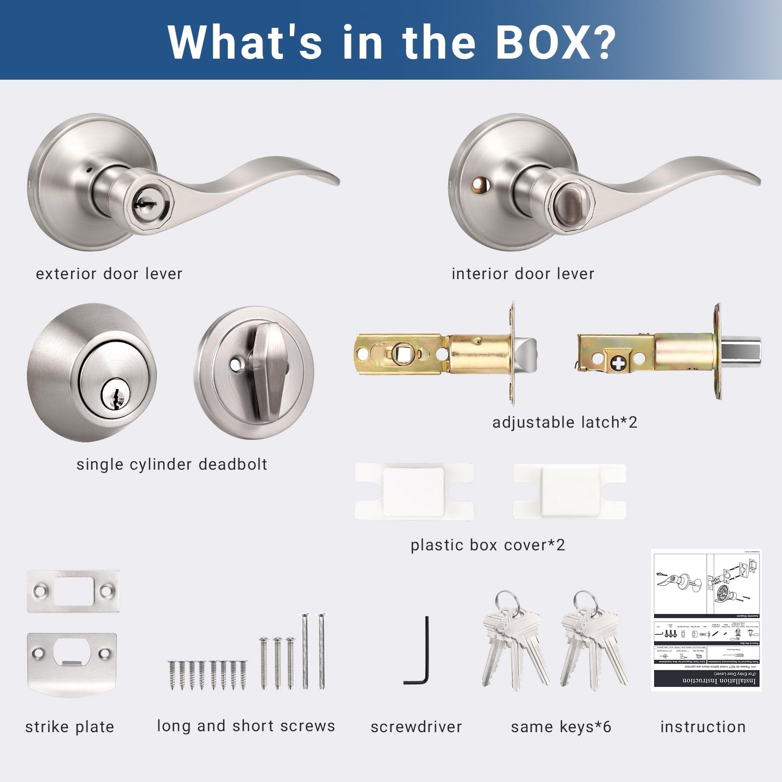 Knobonly 2-pack keyed alike front door handles with single cylinder deadbolt, featuring modern satin finish and secure locking mechanism.