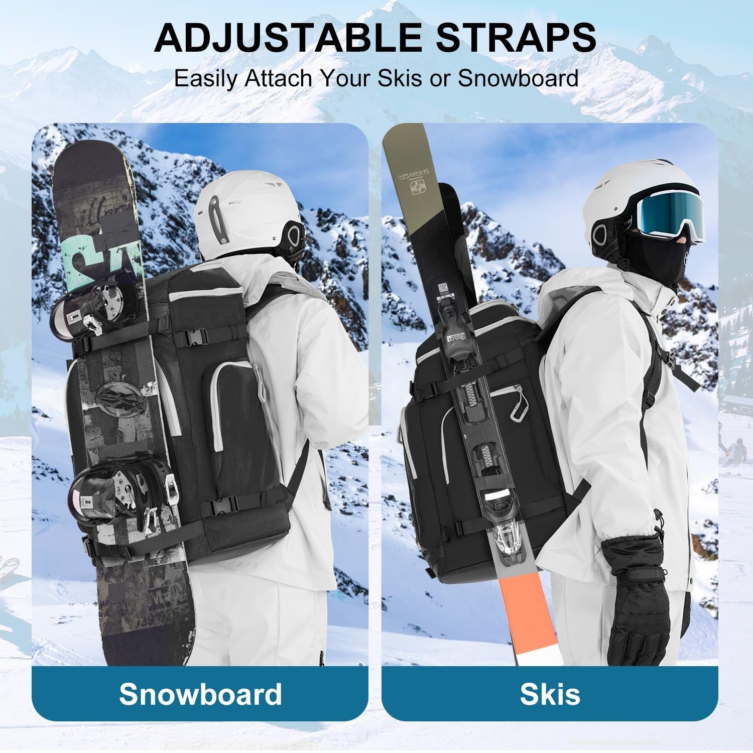 Lunidry 65L waterproof ski and snowboard boot bag with multiple compartments, designed for travel and outdoor winter sports gear.