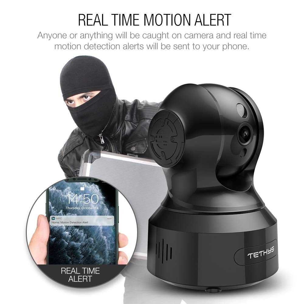 TETHYS Wireless Security Camera 1080P indoor with pan/tilt, WiFi, and Alexa compatibility, shown mounted on a wall.