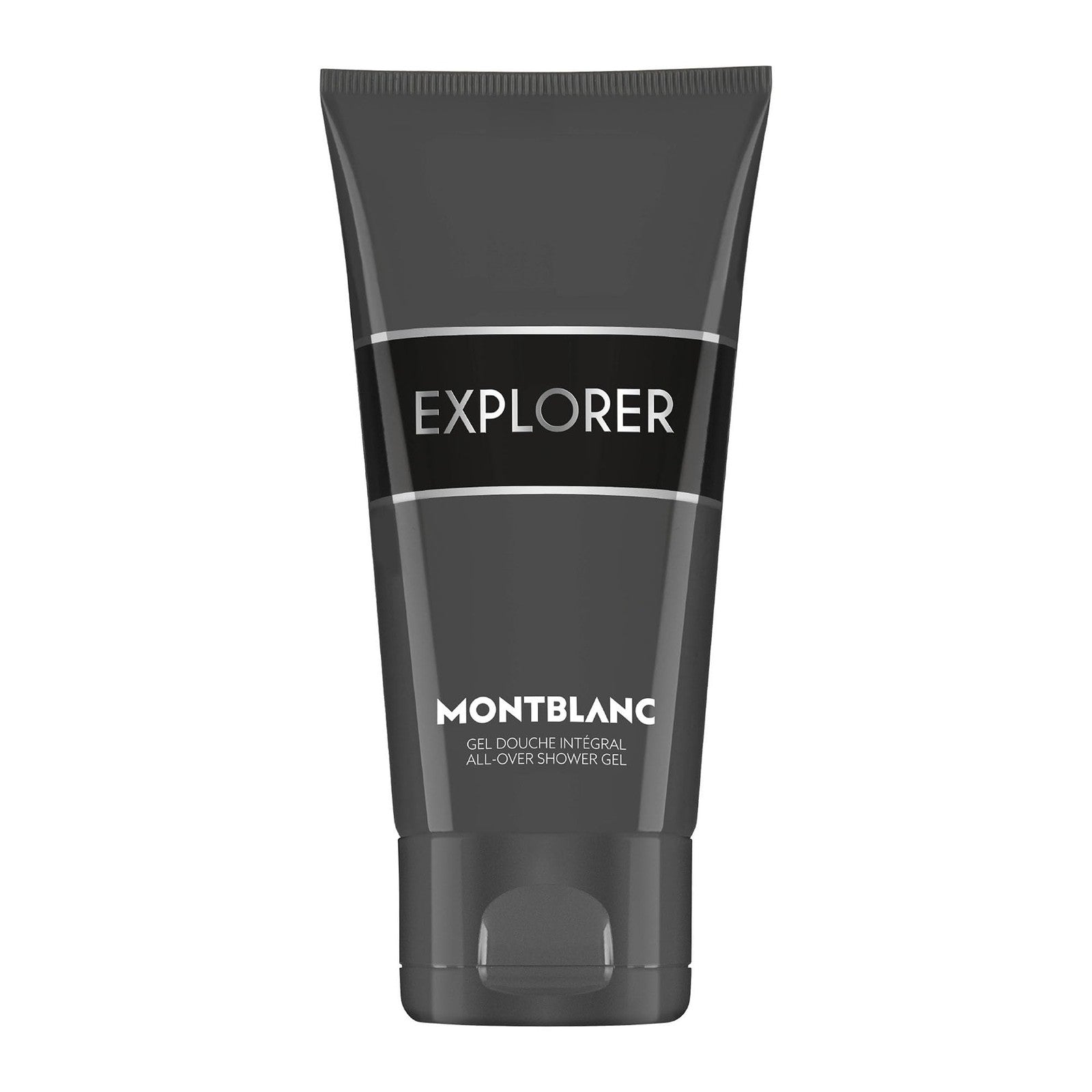Montblanc Explorer shower gel in a 5 fl oz bottle, featuring a sleek design and clear packaging with the brand logo visible.