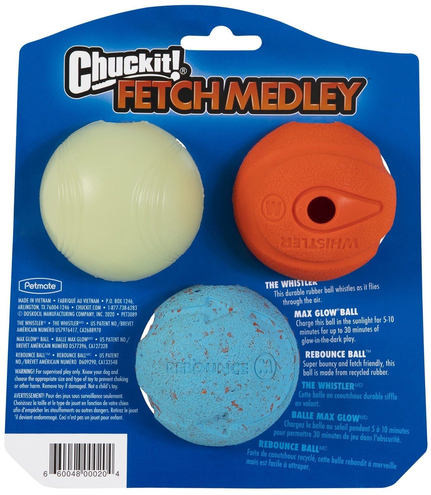 Set of three Chuckit! dog toys for medium breeds, 2.5-inch size, includes squeaker and durable rubber material for active play.