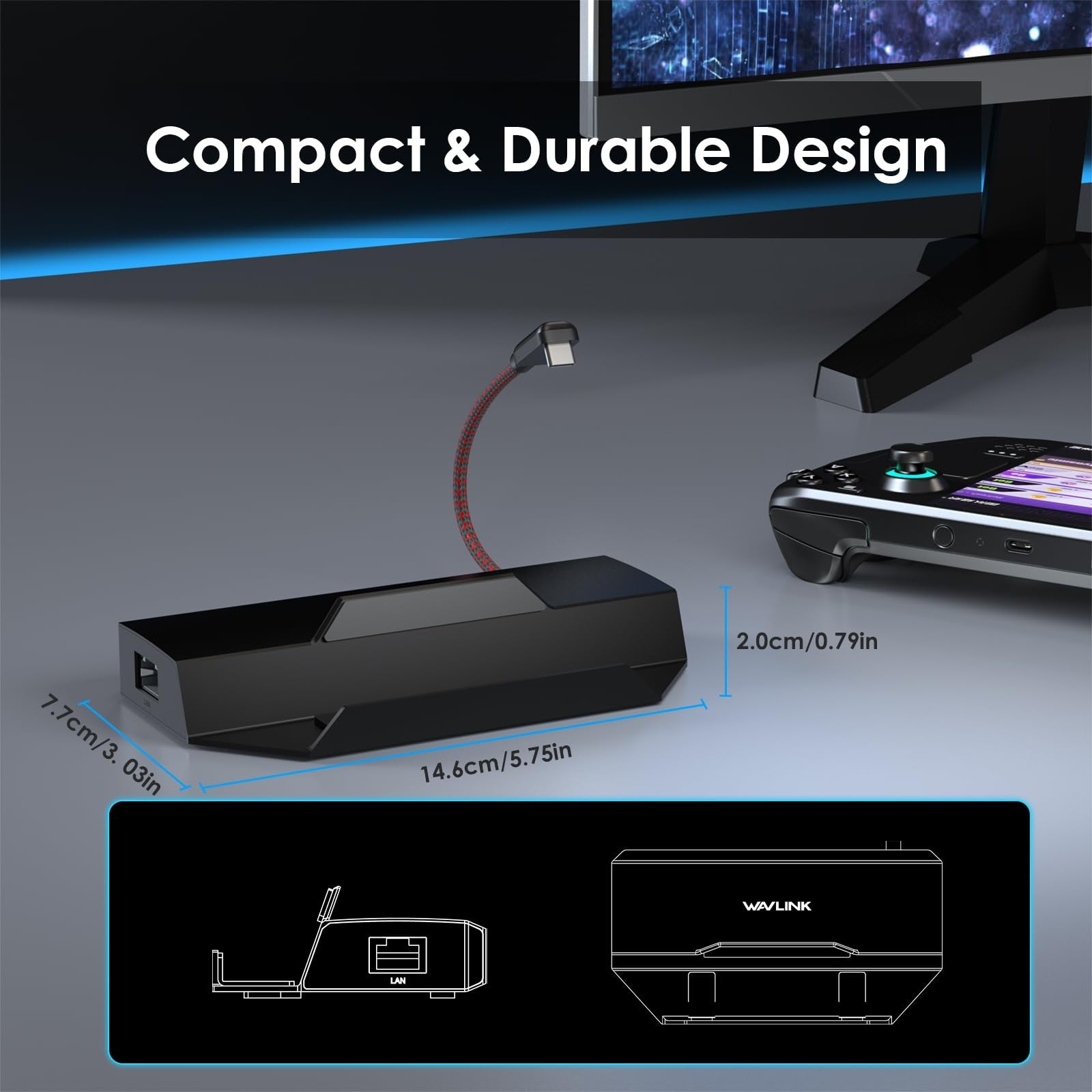 WAVLINK 6-in-1 Steam Deck Docking Station with 4K HDMI, USB ports, 100W PD, and 144Hz support for gaming and connectivity.