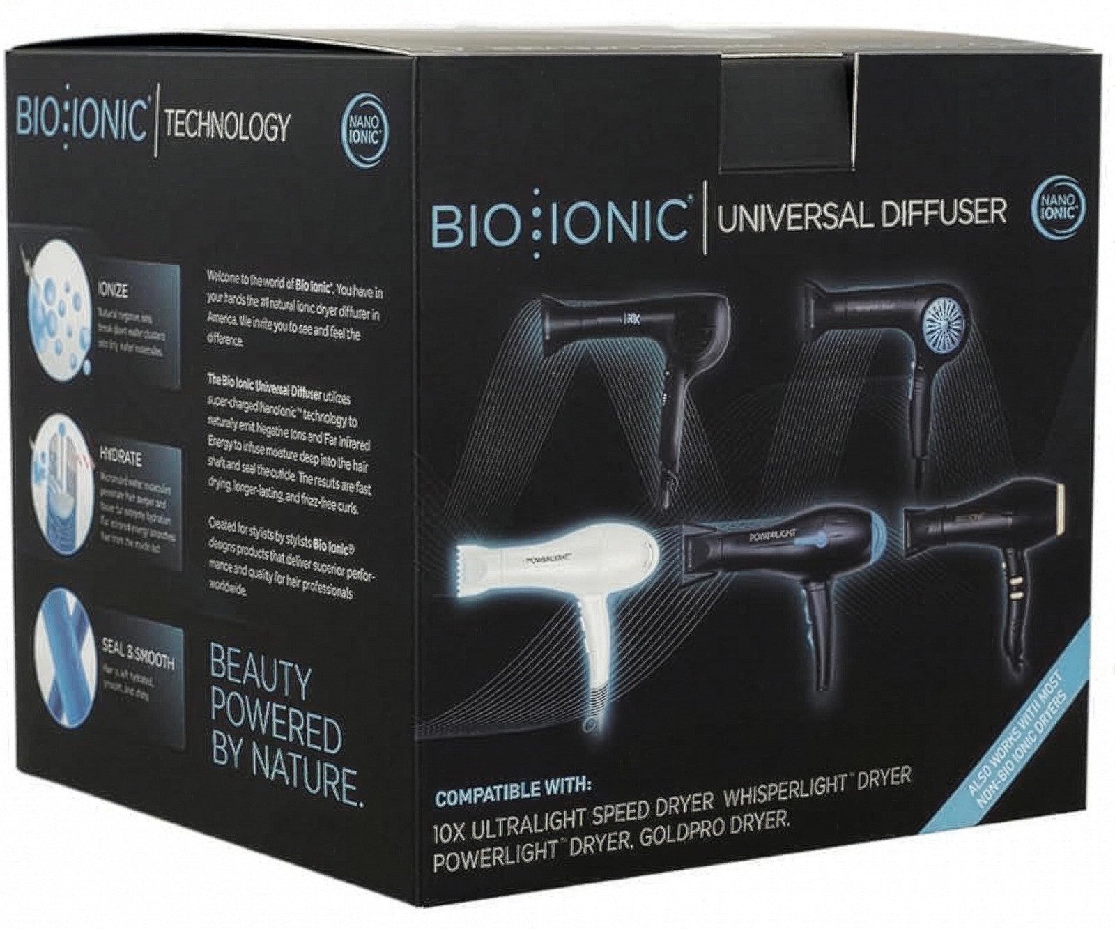 Bio Ionic Universal Diffuser attached to fast-drying hair dryer, designed to reduce frizz and enhance natural hair texture.