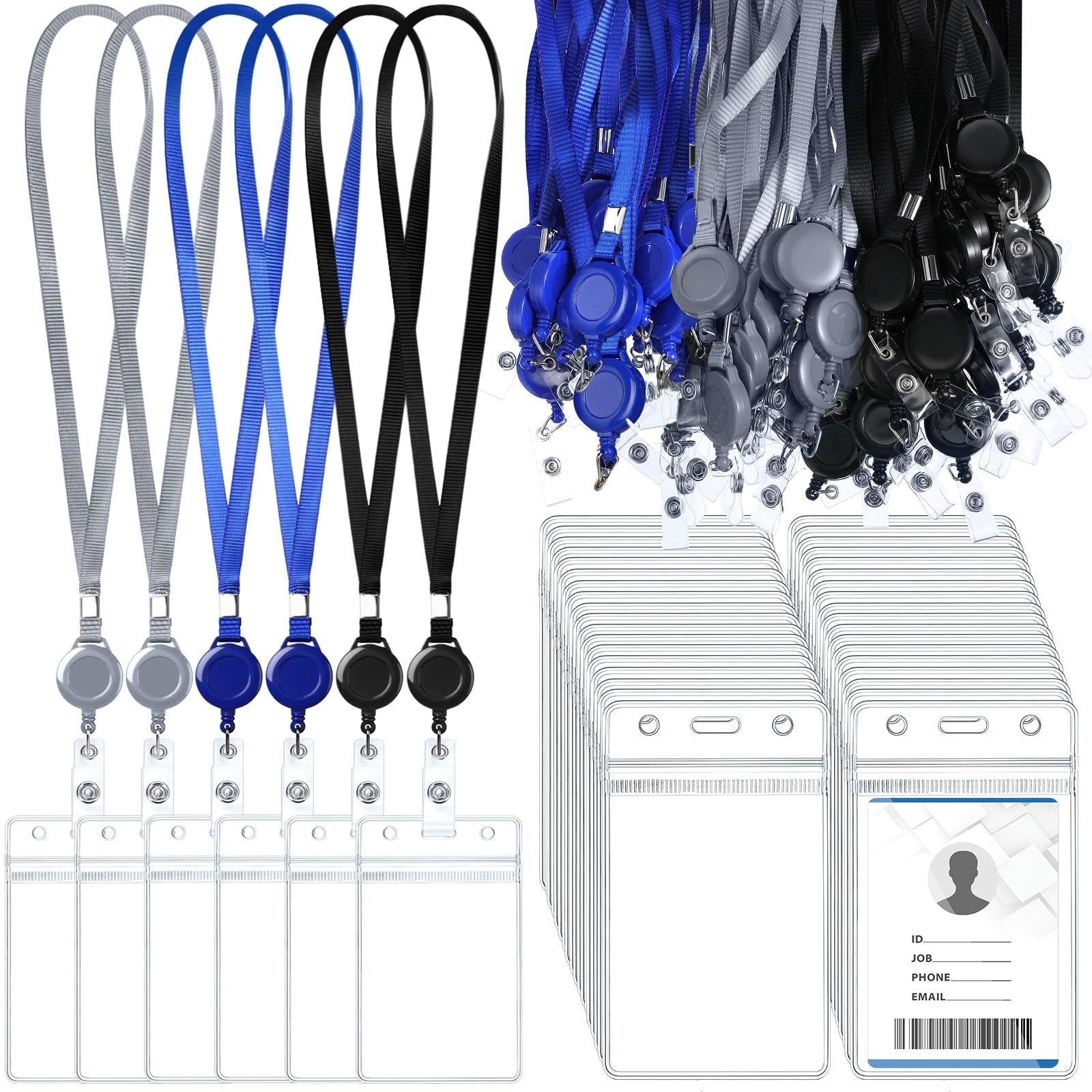 Marspark 50-piece set of flat lanyards with retractable ID holders, shown with multiple colorful lanyards and clear ID card slots.