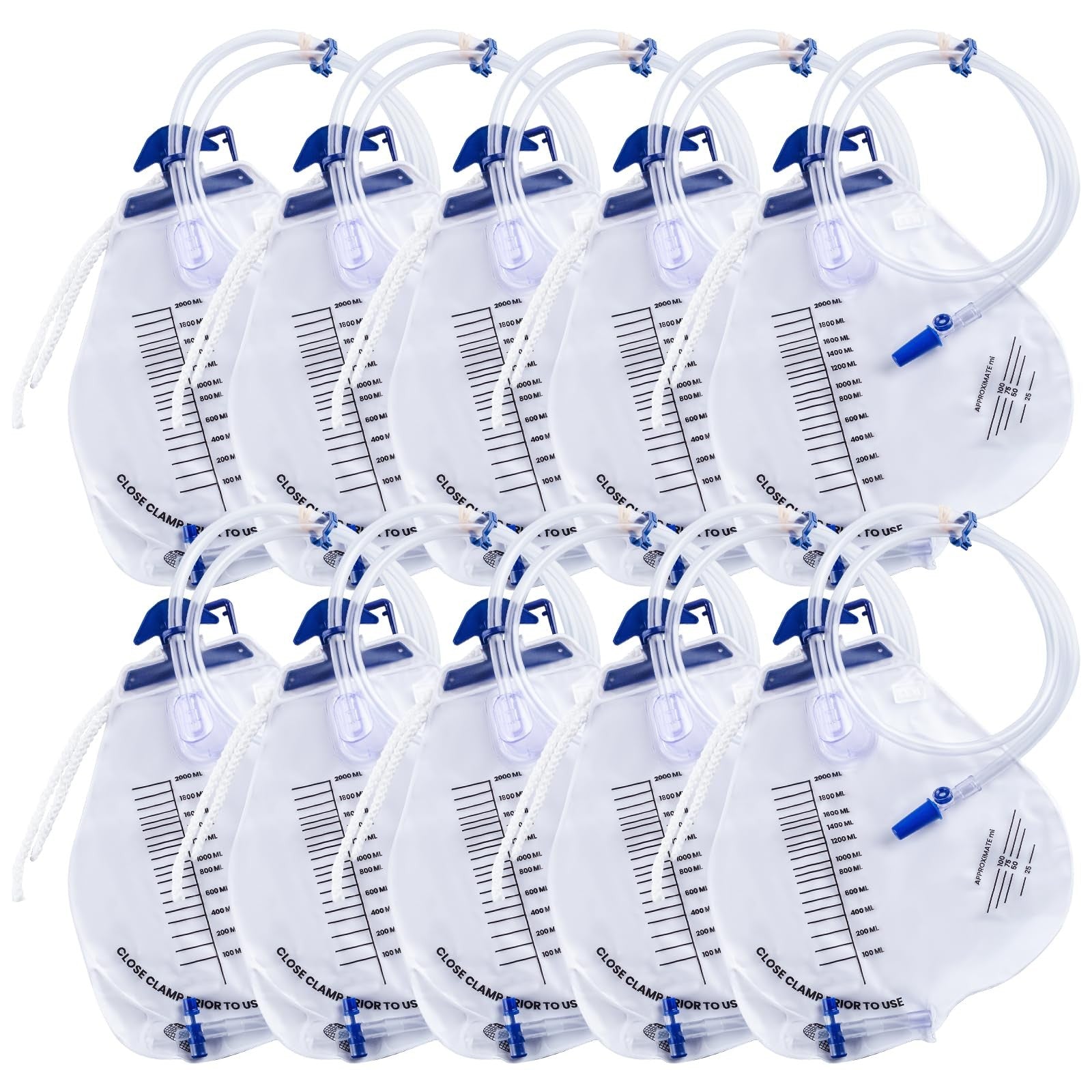 Set of 10 YOOGUSTO urinary drainage bags with 2000ml capacity, anti-reflux chamber, and 48-inch flexible drainage tubing.