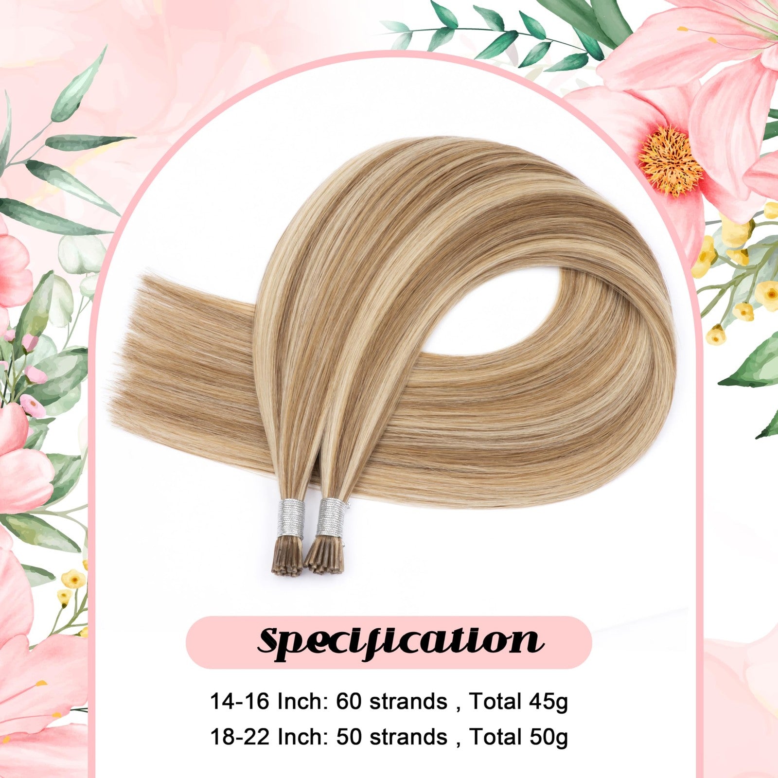 KPVXXVE human hair I tip hair extensions in ash brown, 50g, 20 inches, mixed blonde and brown shades, laid out on a white background.
