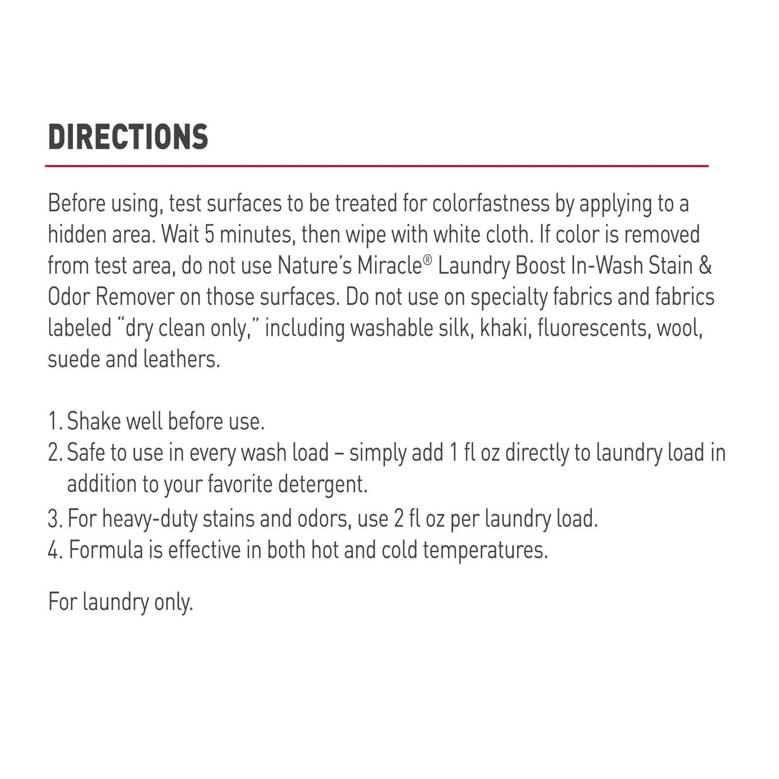 Nature's Miracle Dog Urine Destroyer Plus Enzymatic Laundry Boost in-Wash formula for pet stain and odor removal.