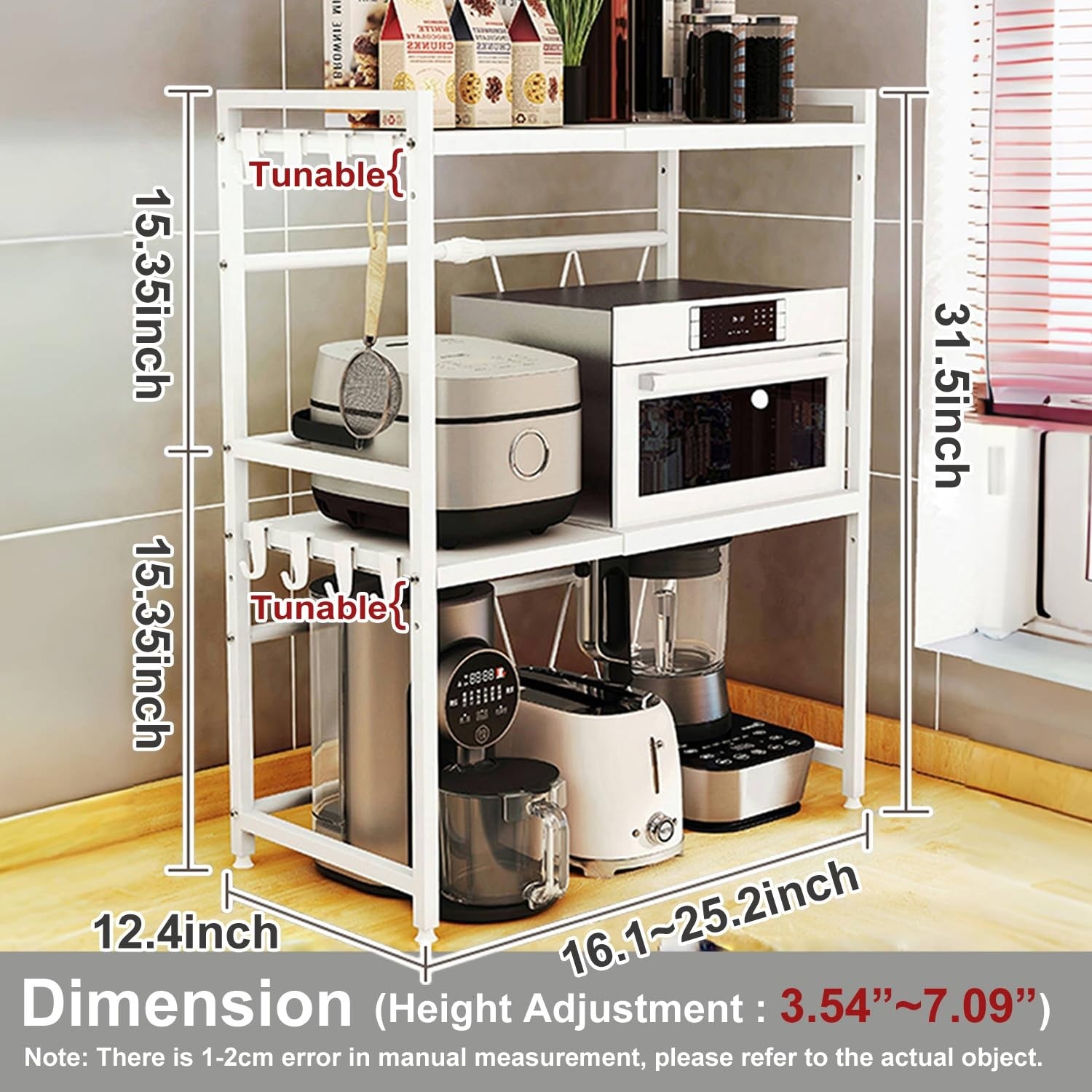 LoyalKBS expandable microwave stand with three tiers, heavy-duty metal frame, and sturdy design for countertop kitchen use.