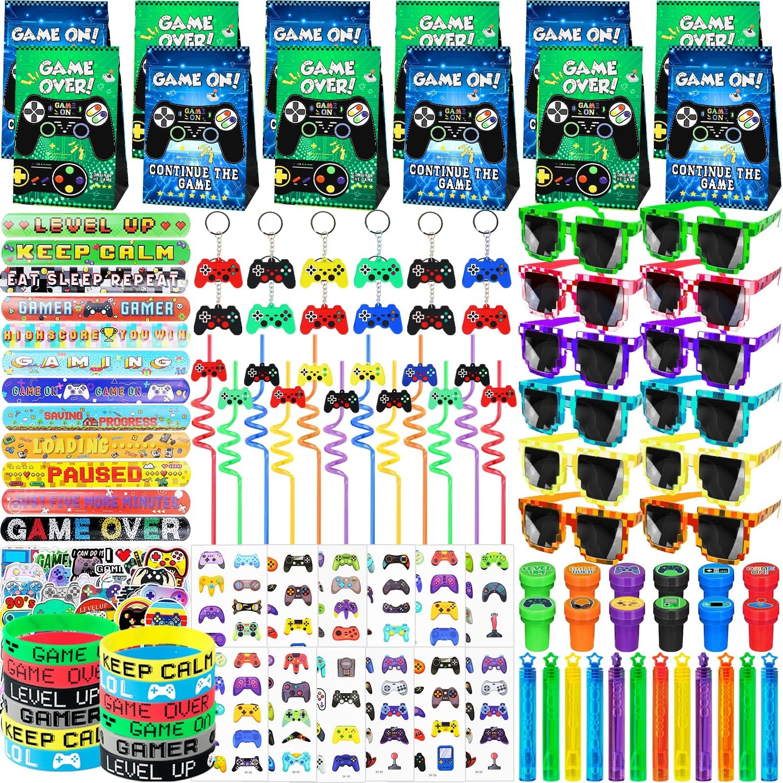 We1stdsee 158-piece video game party favors kit with gamer goodie bag stuffers for 12 guests, featuring colorful gaming-themed items.