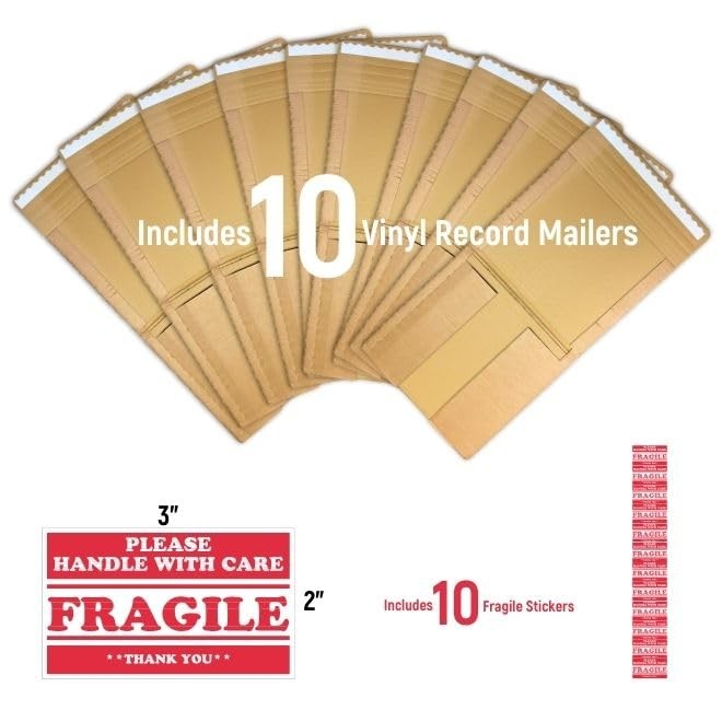 AlbumArmor 12-inch vinyl record shipping box with fragile stickers, LP mailer for safe vinyl delivery and storage.