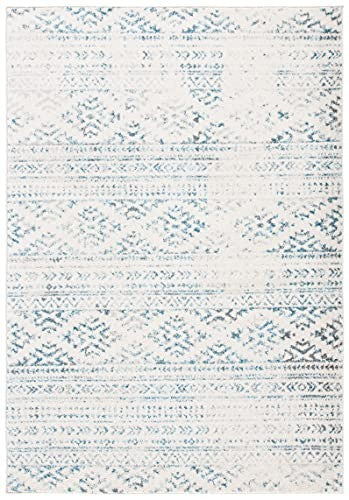 Safavieh Tulum collection 6x9 ivory and turquoise Moroccan boho tribal area rug with intricate geometric patterns.