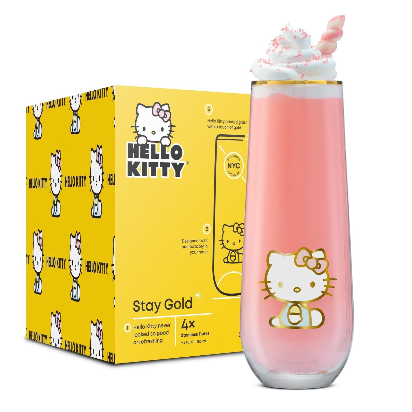 Set of four JoyJolt Hello Kitty Stay Gold stemless flutes, 9.4oz drinking glasses with gold accents, clear glass design.