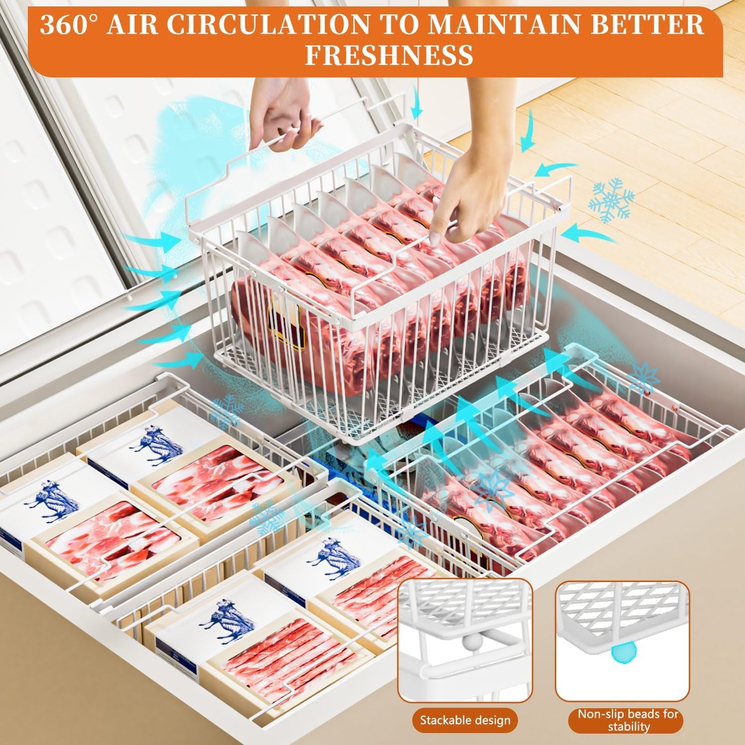 Anjuban large freezer organizer bins with leak-proof design, adjustable netfit for 5 to 9 cu ft freezers, clear and durable plastic.
