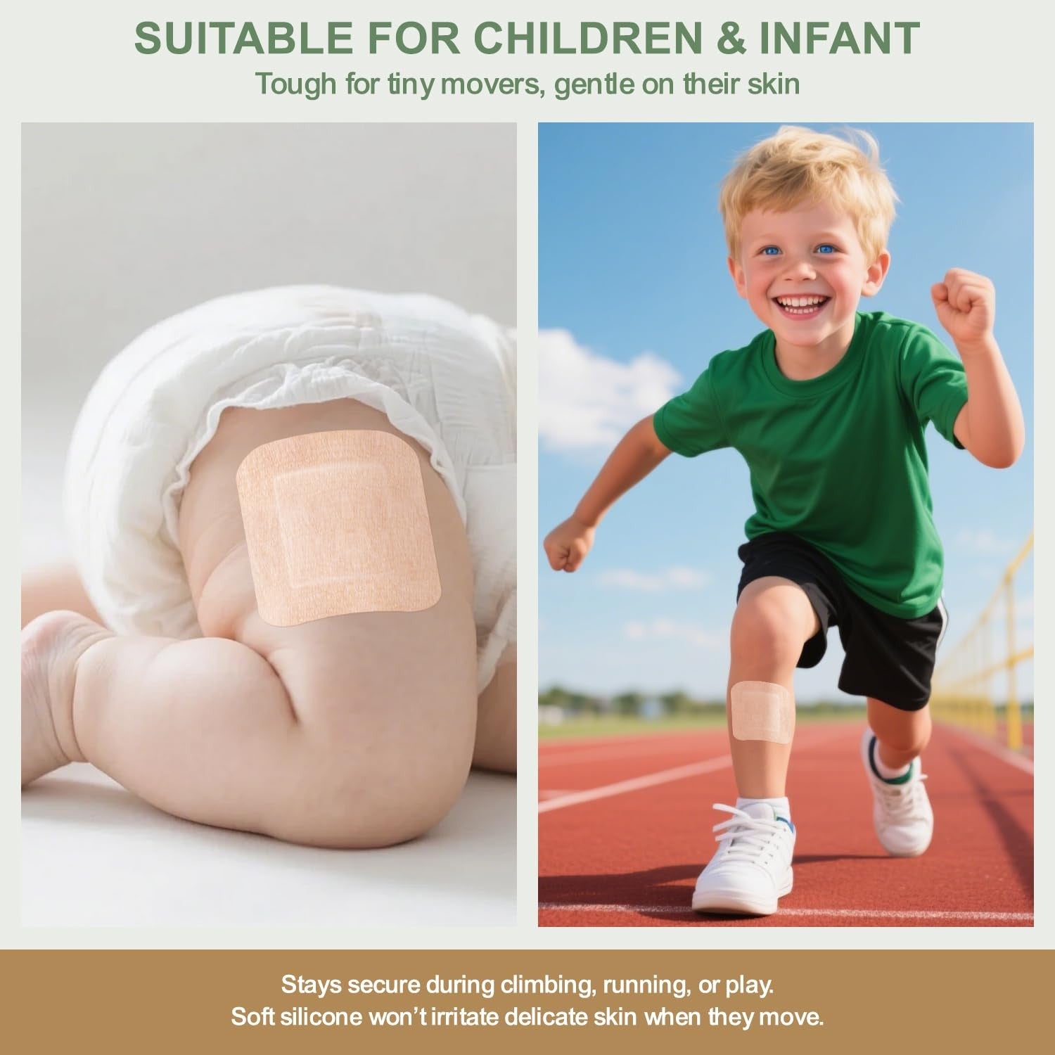 Hysimedy silicone adhesive bandages in extra large size, designed for sensitive, fragile skin, shown applied to skin in a natural setting.
