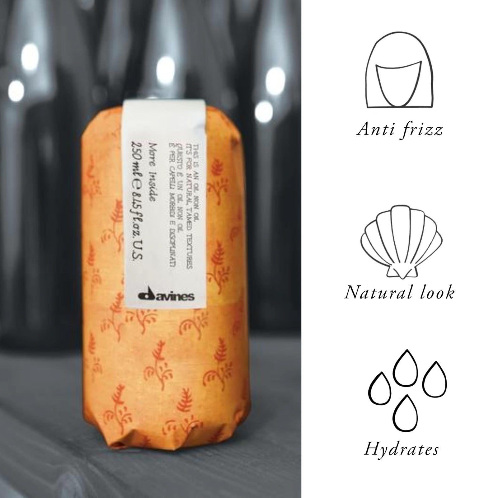 Davines This is an Oil Non Oil for natural, hydrated, smooth-looking hair with a lightweight texture, shown in a sleek bottle.