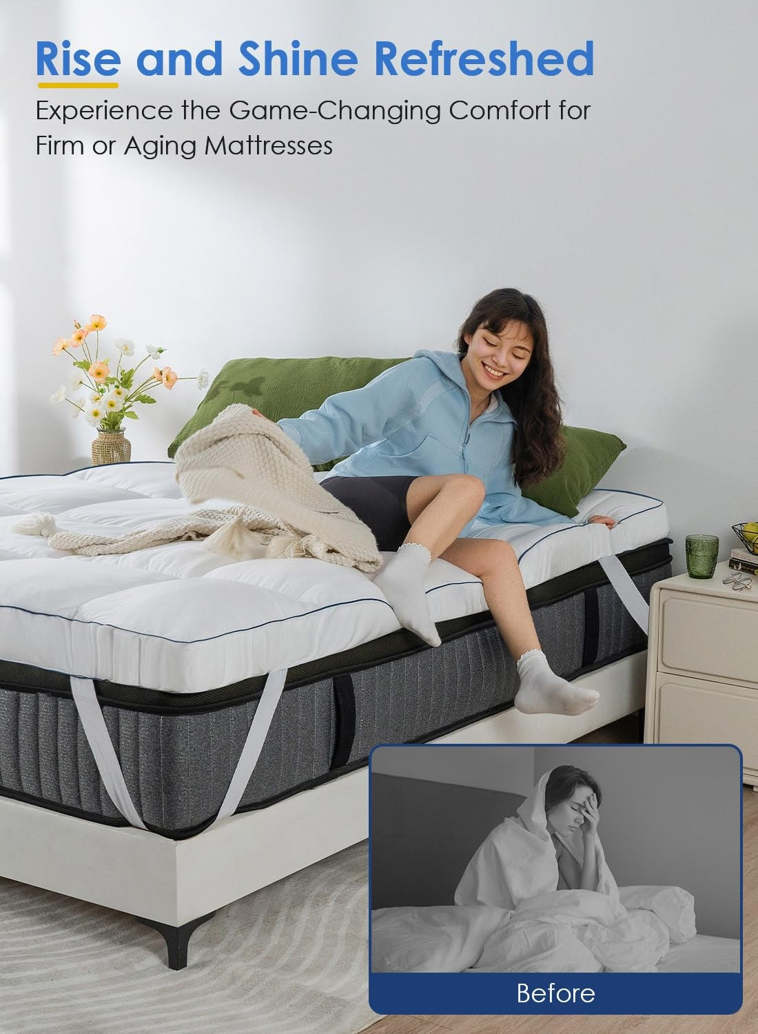 QUEEN ROSE King pillow top mattress topper, extra thick and soft bed pad, adds comfort and cushioning to the mattress surface.