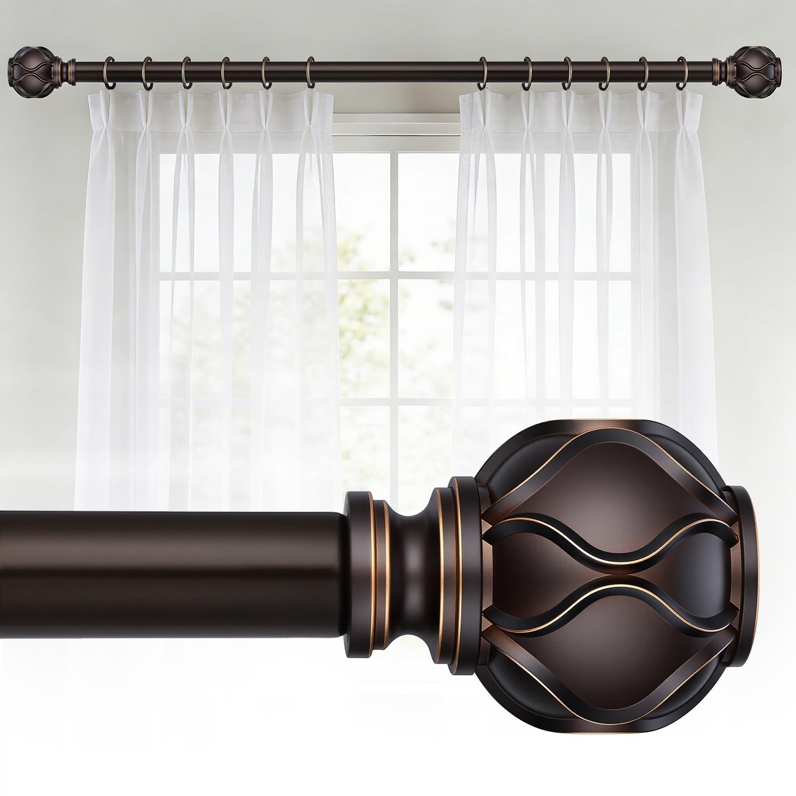 WIN4ALL bronze heavy-duty curtain rod for windows, 1-inch diameter, extending from 120 to 240 inches, with mounting hardware.
