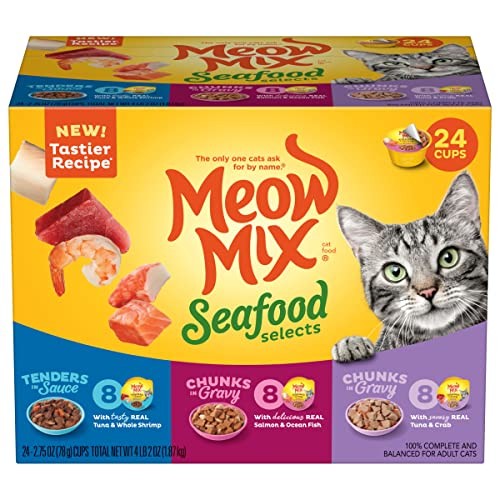 Meow Mix Wet Cat Food bundle with seafood tenders in 2.75oz packs, showing individual cans with seafood images and branding.