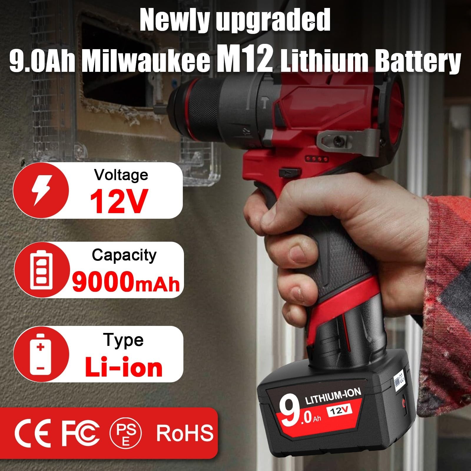 Two upgraded 9.0Ah lithium-ion replacement batteries for Milwaukee M12 12V tools, branded Nonbliep, with black and red design.