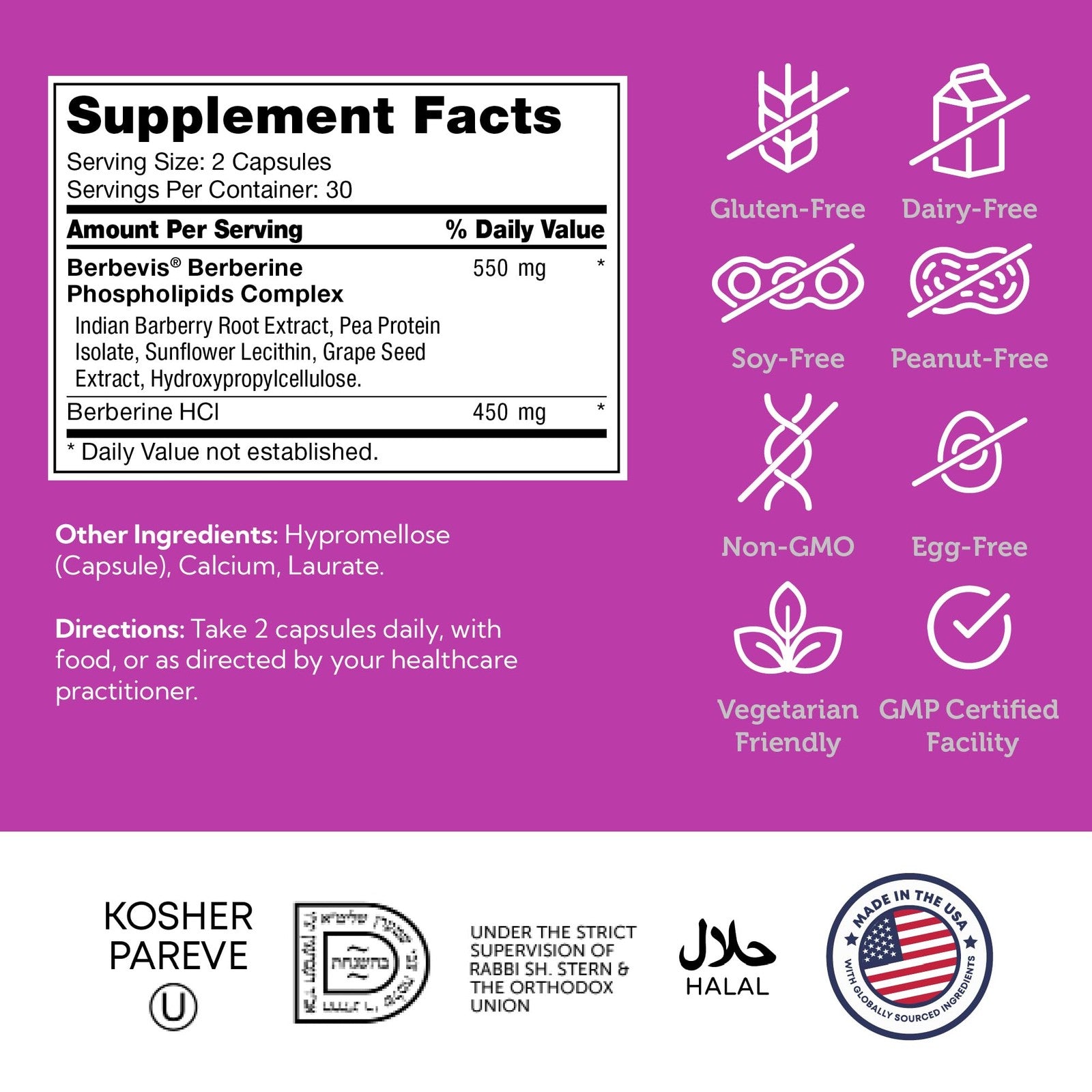 Zahler Berberine supplement bottle with Clinically Evaluated Berbevis for metabolism and glucose support.