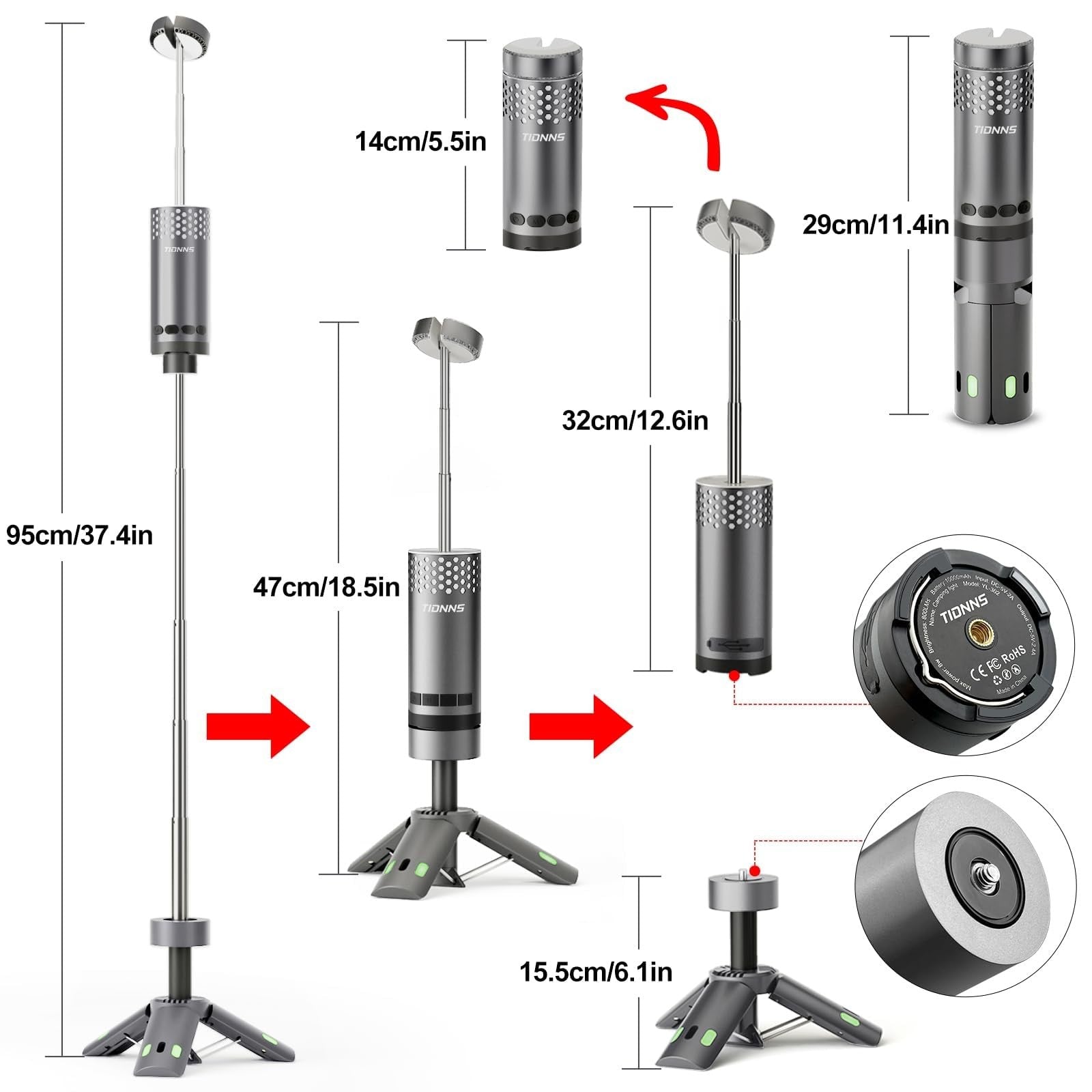 Rechargeable TIDNNS camping lantern with stand, waterproof outdoor light, detachable design, suitable for camping and outdoor activities.