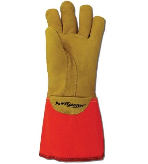 Pair of Magid leather lineman electrical protector work gloves in size 9.5, showing durable leather construction and reinforced fingertips.