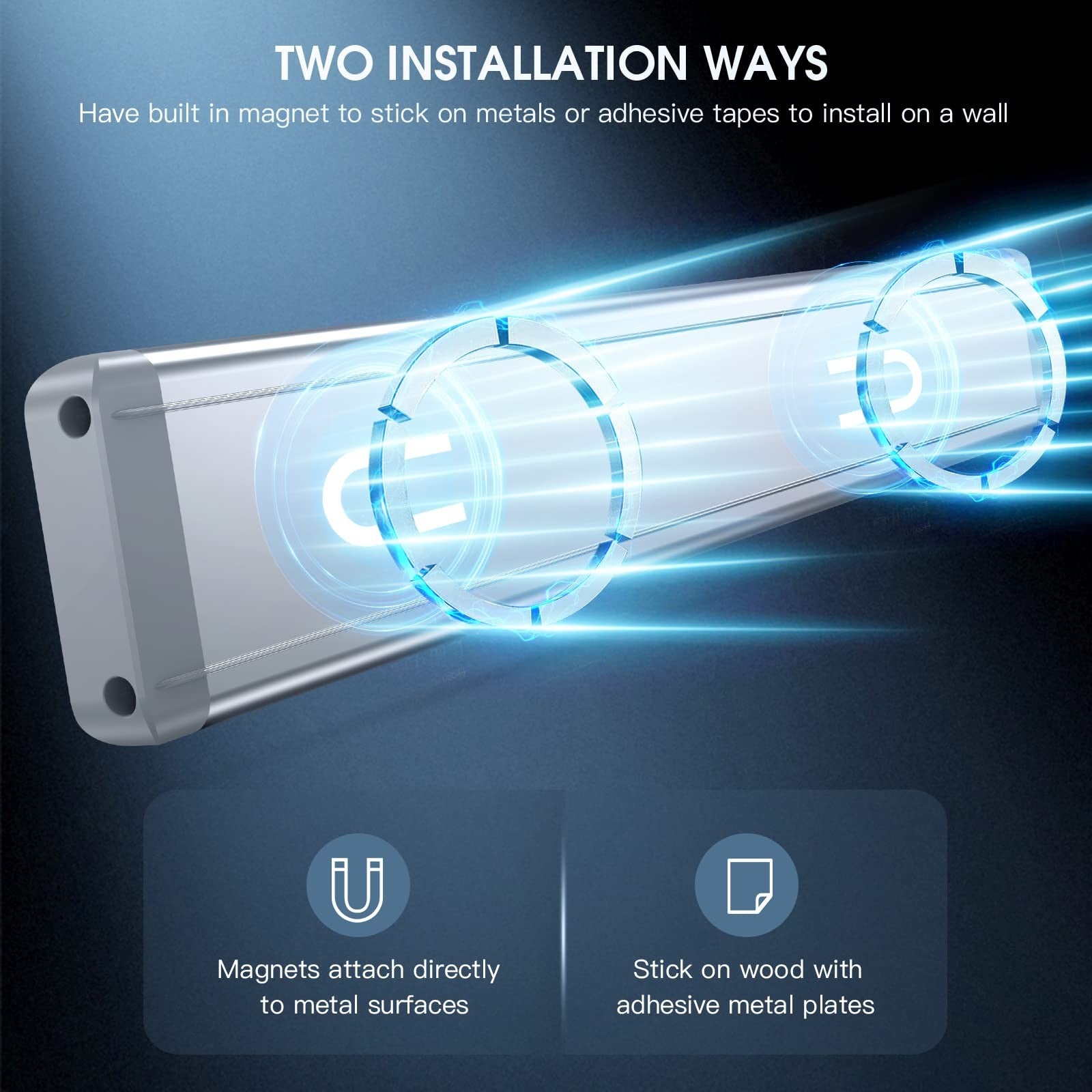 MCGOR 10-inch under cabinet lighting 2-pack with rechargeable batteries, motion sensor, and dimmable feature, mounted under cabinet.