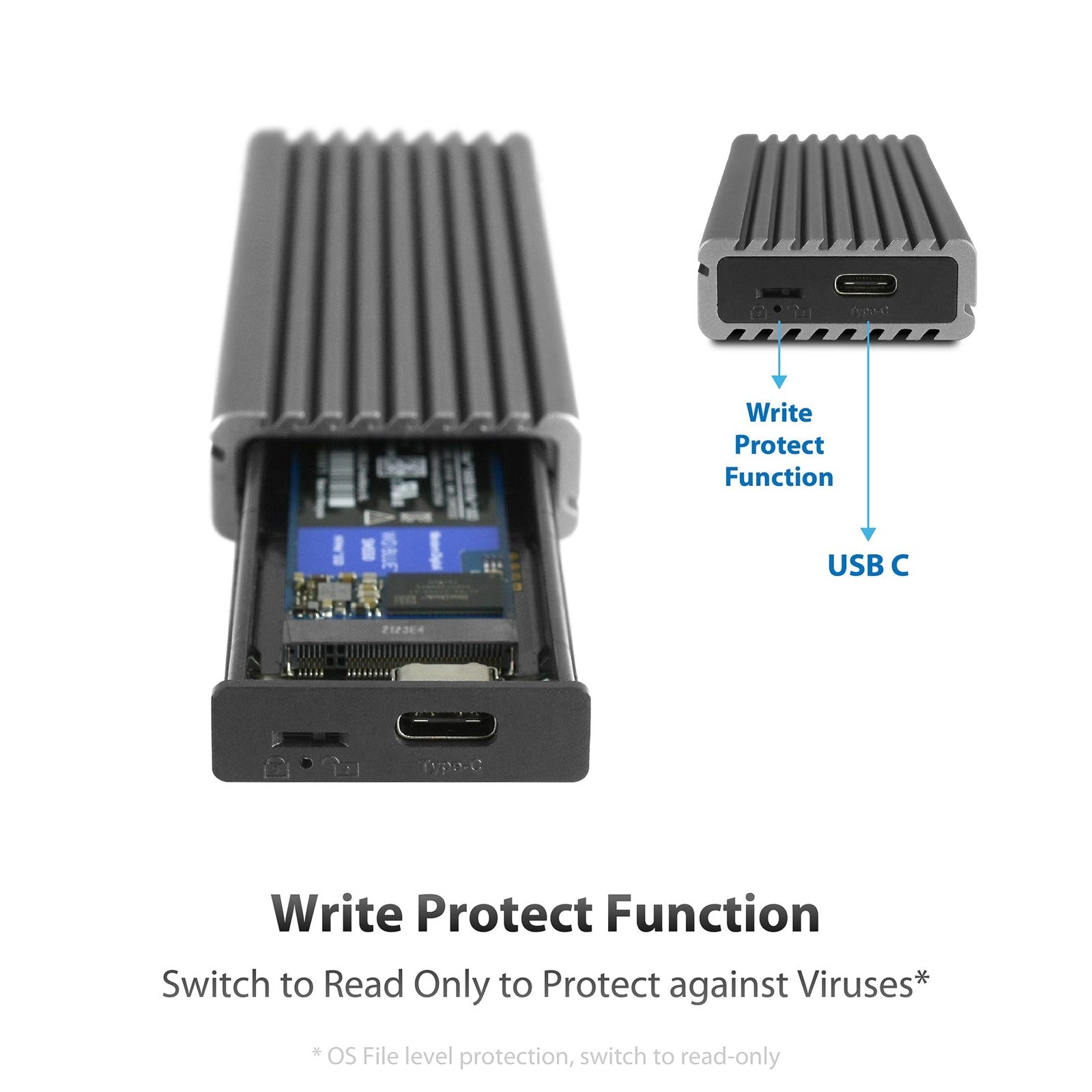 Vantec M.2 NVMe SSD to USB 3.1 Gen 2 Type C enclosure with C-to-C cable, showing the sleek black metal enclosure and cable.