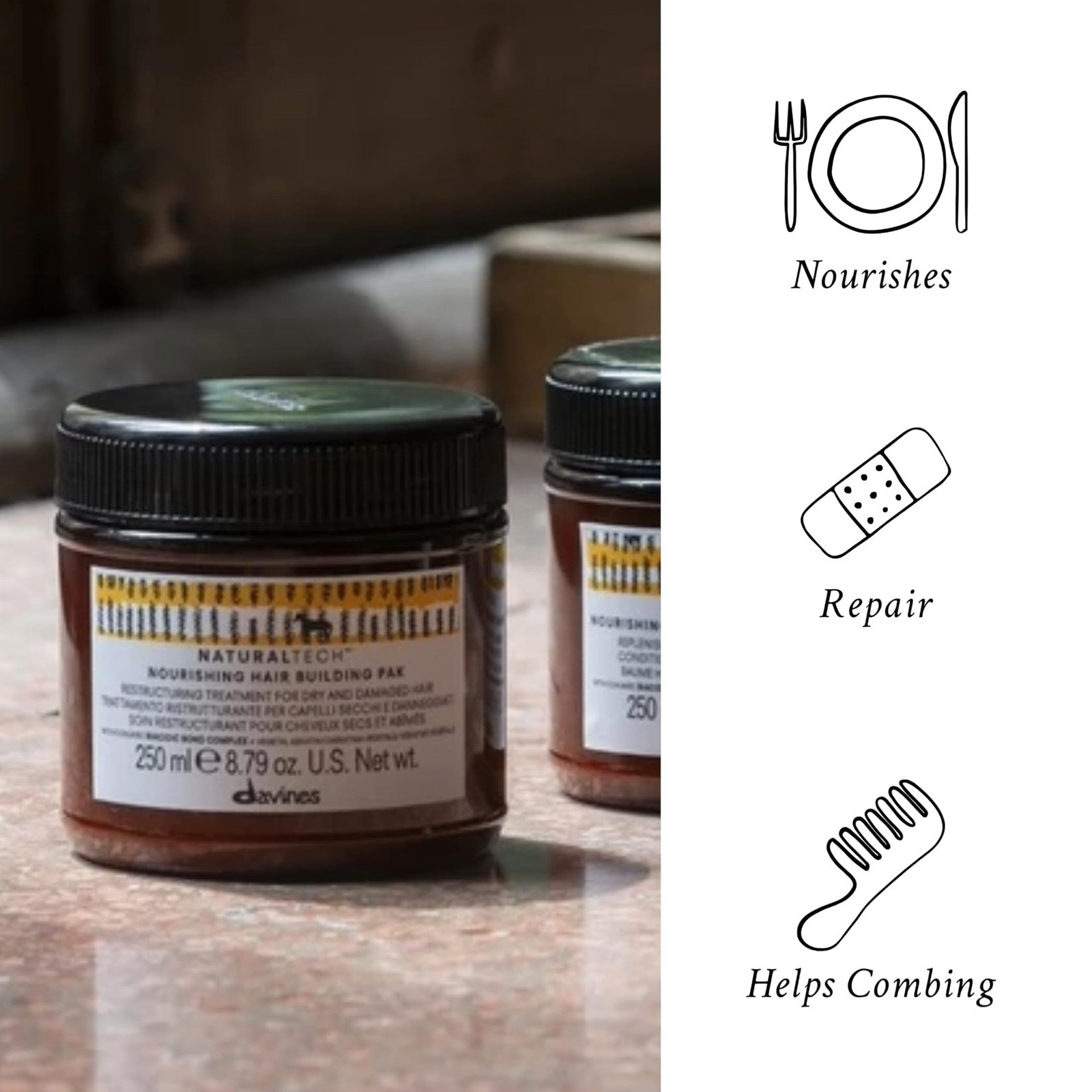 Davines Naturaltech Nourishing Hair Building Pack applied to hair shaft, promoting restructuring and strengthening of hair.