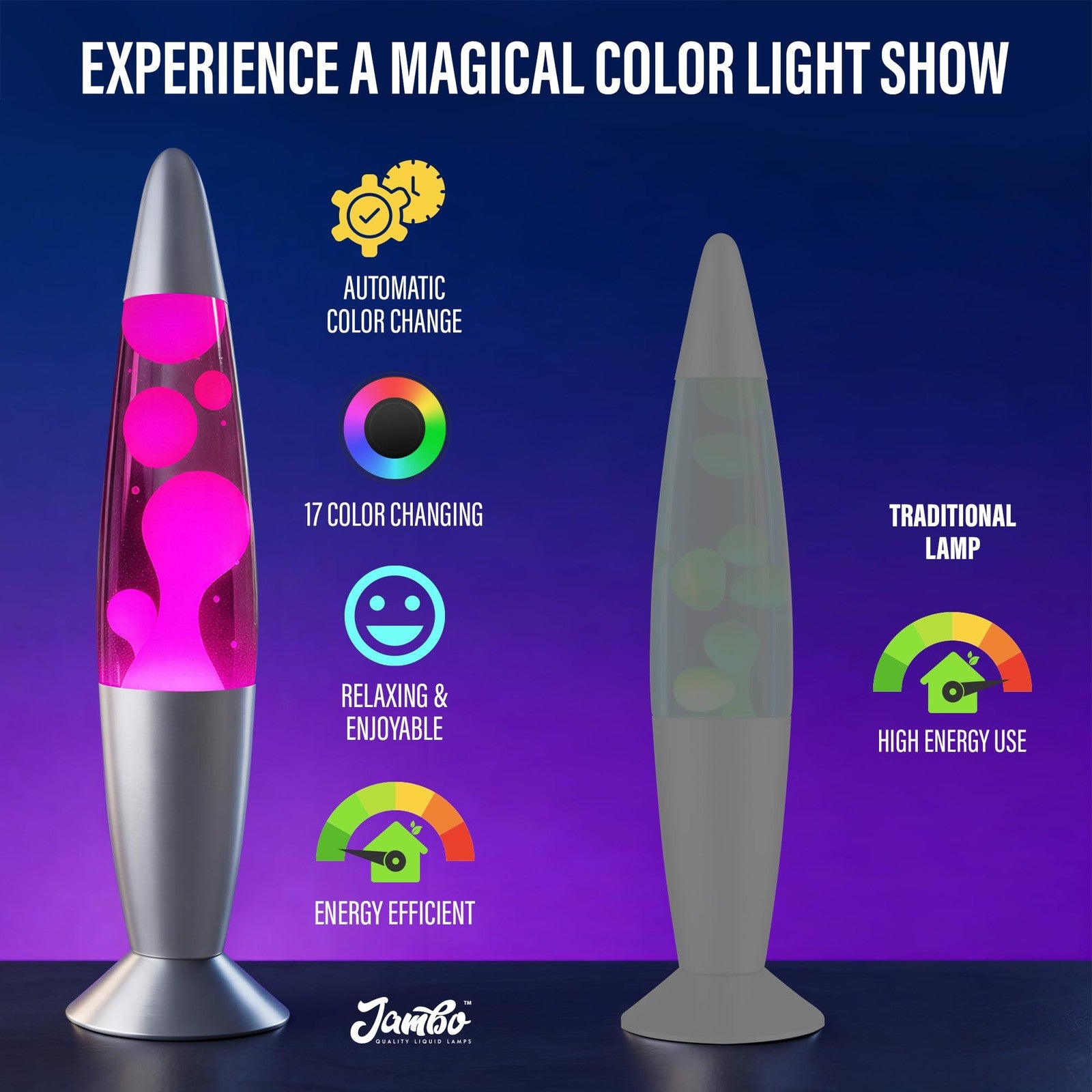 JAMBO 17-color changing LED motion lamp with remote control, 16-inch LED light for kids and teens, featuring colorful lighting effects.