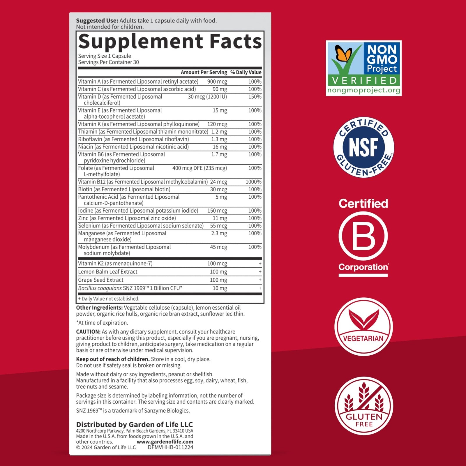 Garden of Life Dr. Formulated Multi+ Heart Health feremented liposomal multivitamin bottle with label visible.