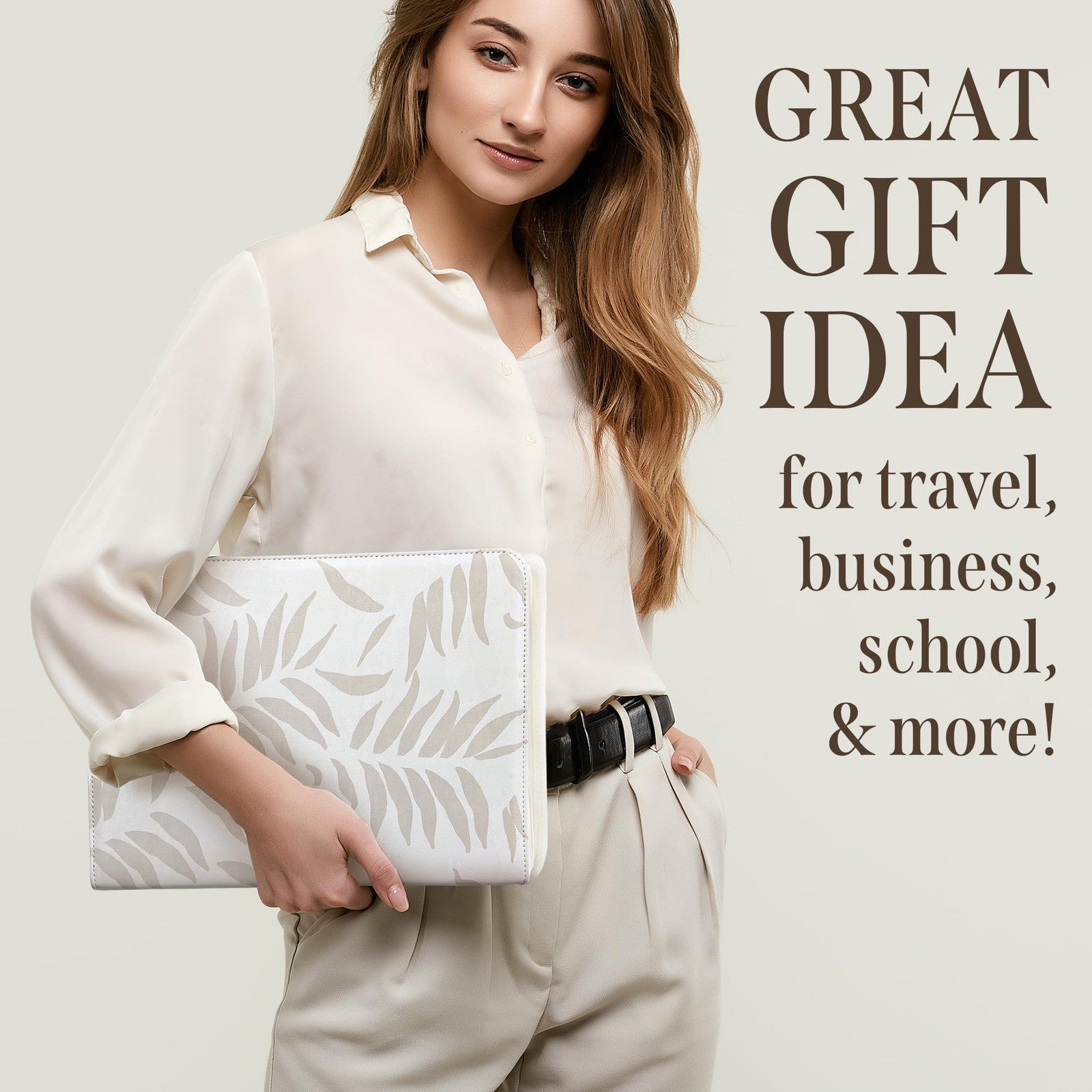 Beige leather women's padfolio with zipper binder and organizer, featuring a sleek design and functional interior compartments.